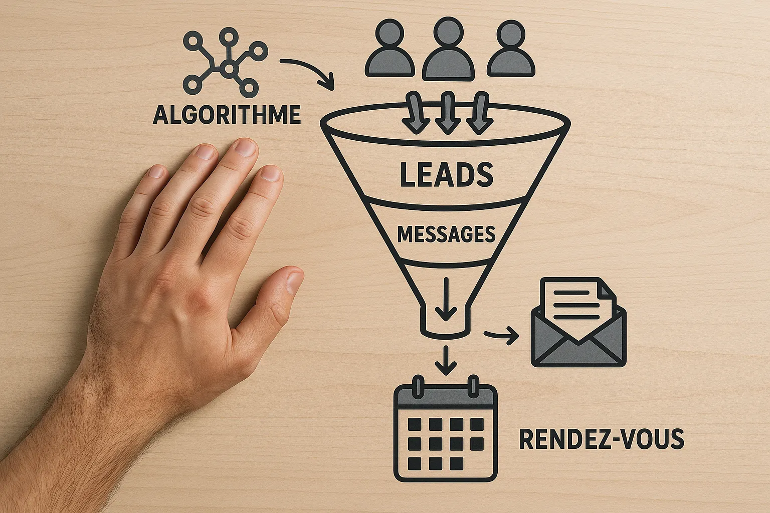 Illustration d’un flux de prospection où un algorithme collecte les leads, rédige des messages personnalisés et réserve des rendez-vous dans un calendrier, le tout représenté par un entonnoir automatisé.