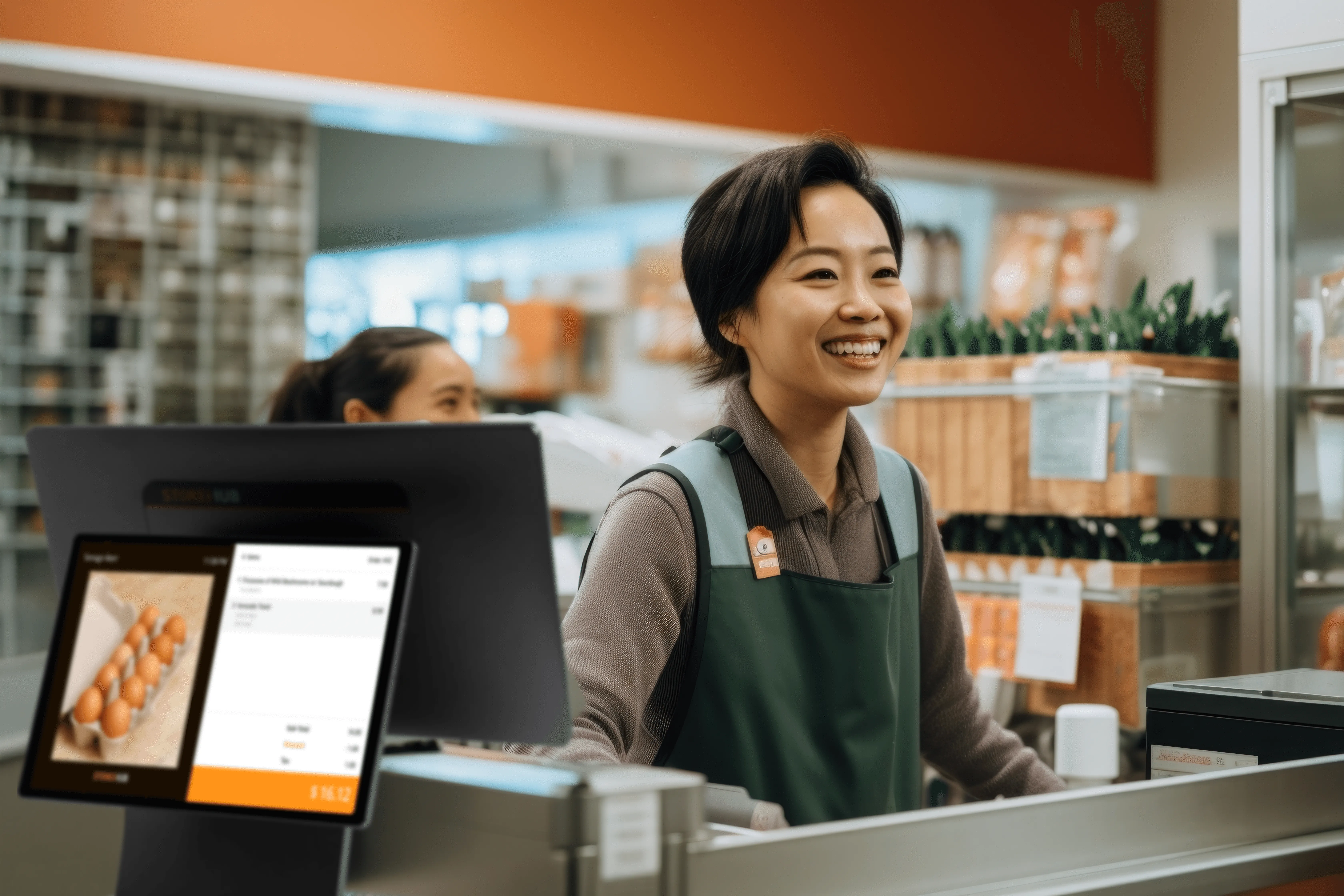 Grocery store staff using the StoreHub retail POS system for inventory management and checkout transactions.