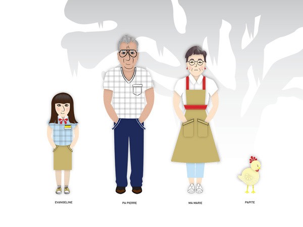 Four stylized figures are shown against a light gray background with a faint white pattern. From left to right: Evangeline, a young girl in a blue and white plaid shirt and khaki skirt; Pa Pierre, an older man with gray hair and glasses wearing a white and gray checkered shirt and blue pants; Ma Marie, an older woman with short gray hair and glasses wearing a white shirt and khaki apron with red suspenders; and Papite, a small yellow chicken with a red comb on its head.