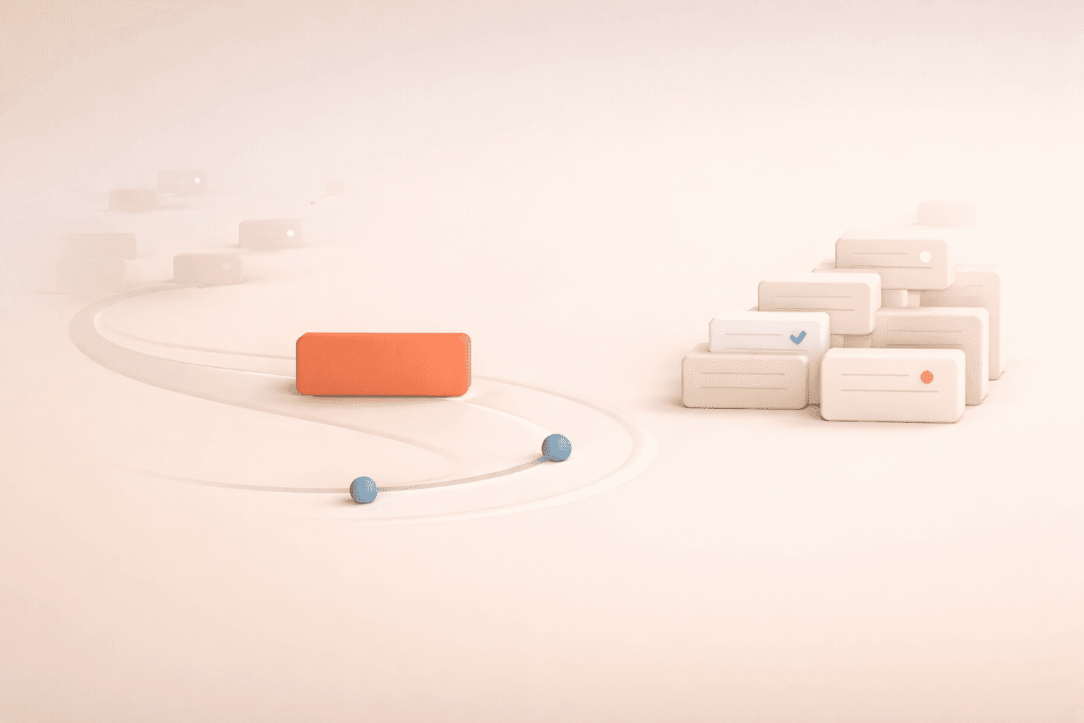 Minimalistische 3D-Illustration einer korallfarbenen Fokuskarte, die entlang eines klaren Arbeitswegs verläuft, während daneben ein geordneter Stapel heller E-Mail-Karten liegt, von denen einige ausgeblendet werden und nur wenige relevante hervorgehoben bleiben, ergänzt durch dezente Symbole für Zeit und Entscheidungen auf einem warmen, cremefarbenen Hintergrund.