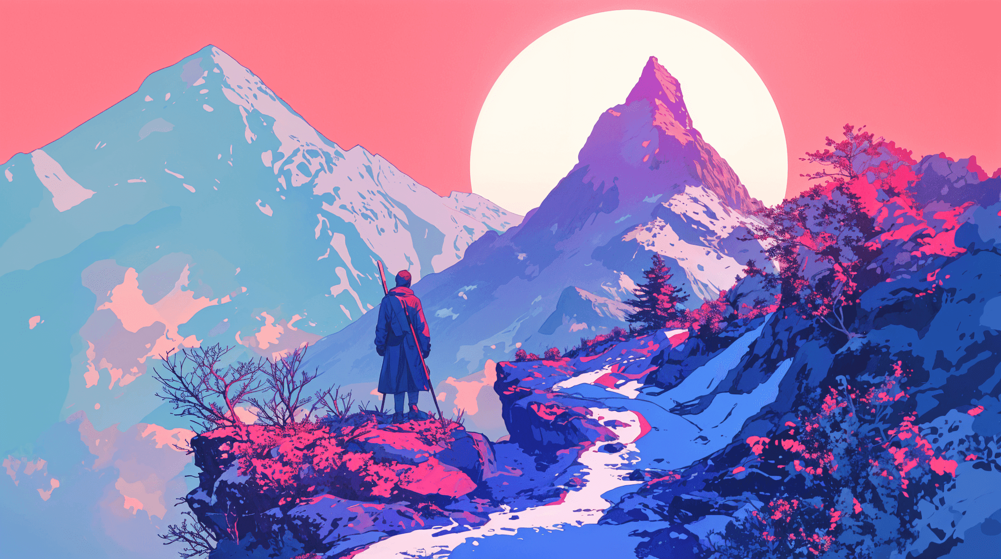 A traveller looking at two mountains