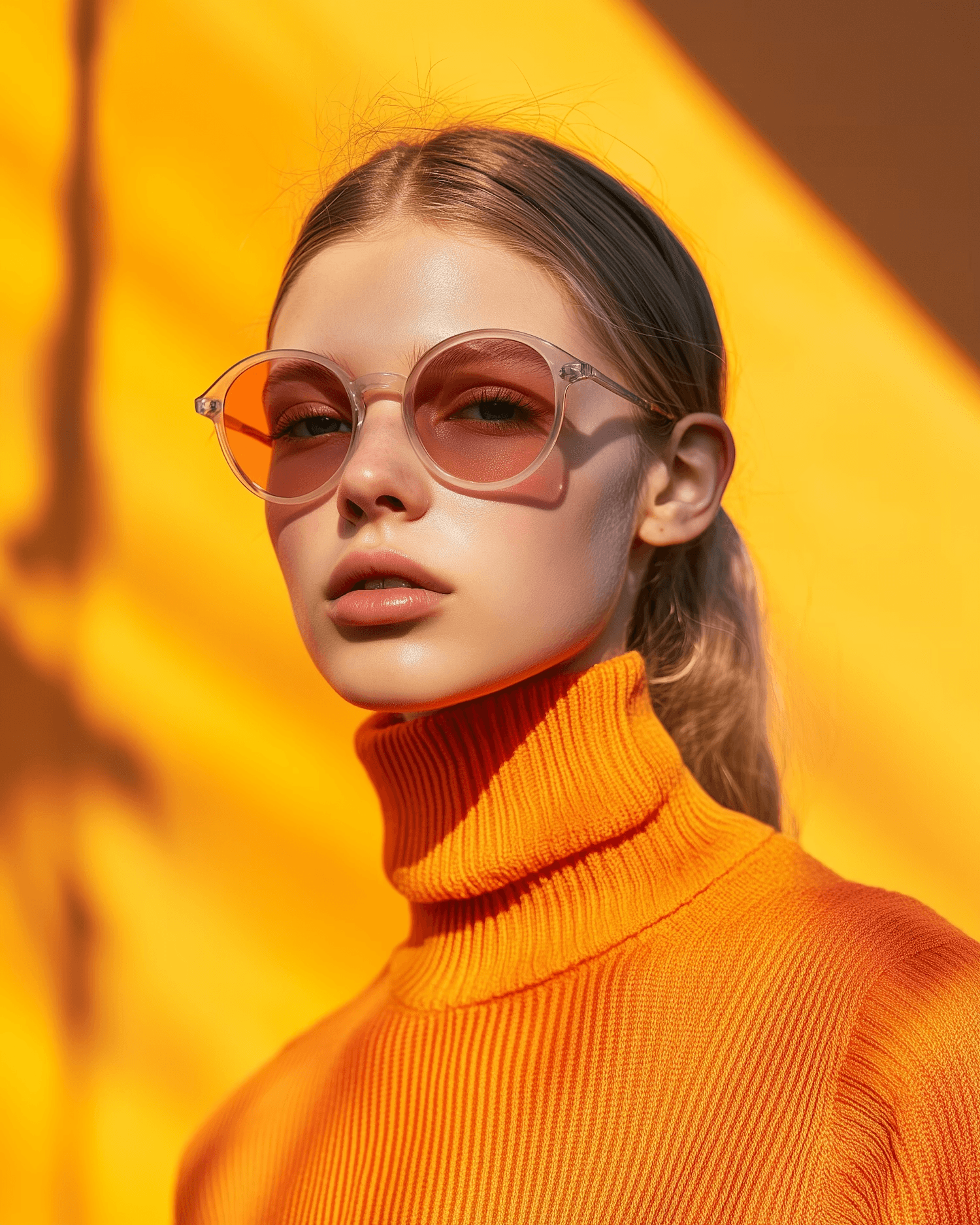 Woman wearing orange sweater and tinted glasses portrait