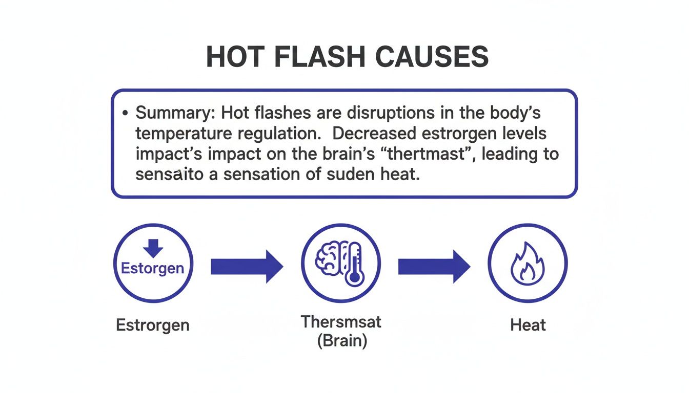Diagram illustrating how decreased estrogen affects the brain's thermostat, causing hot flashes and sudden heat.