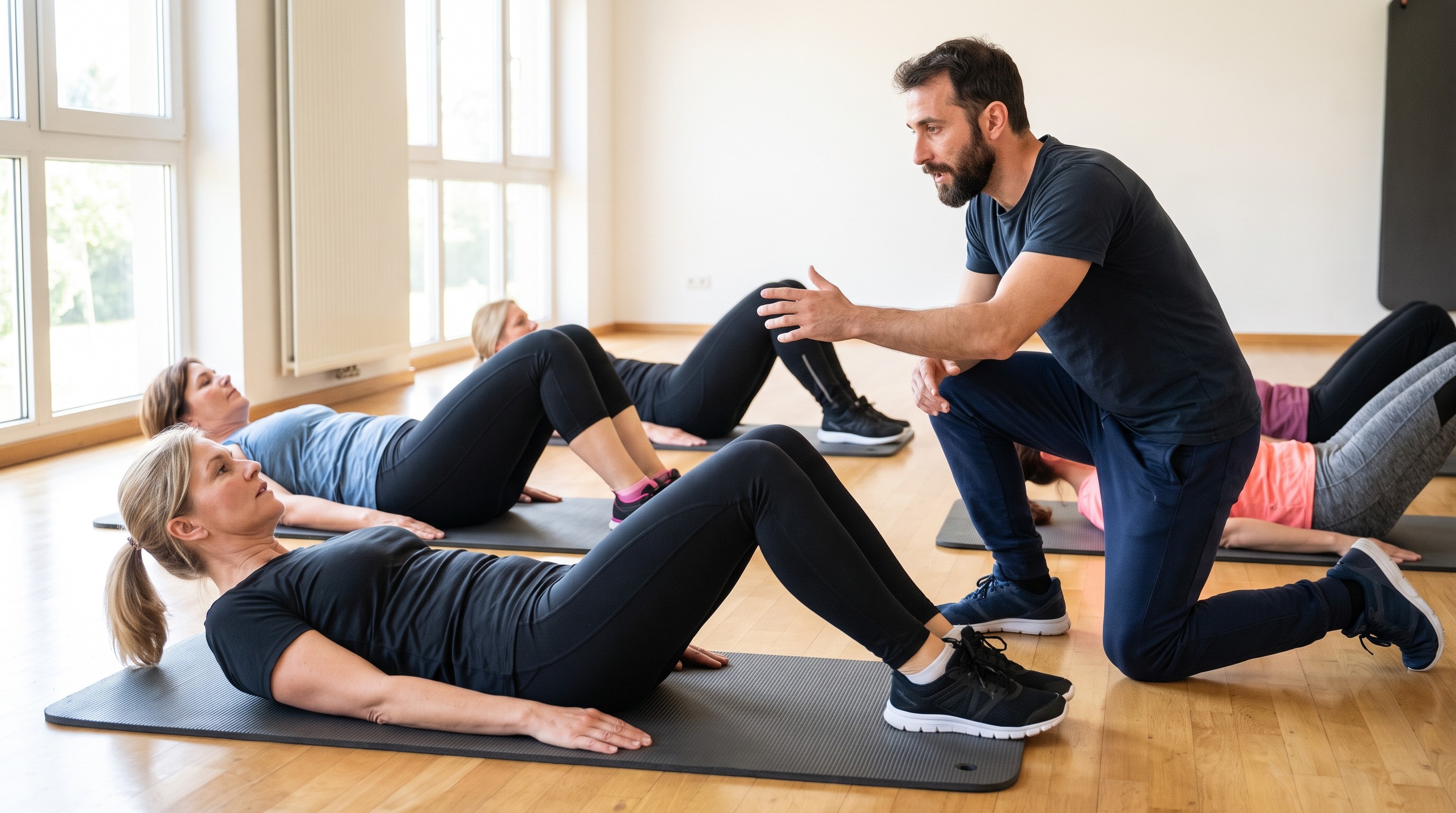 gruppo di clienti esegue hollow body position su materassini guidati da istruttore calisthenics certificato