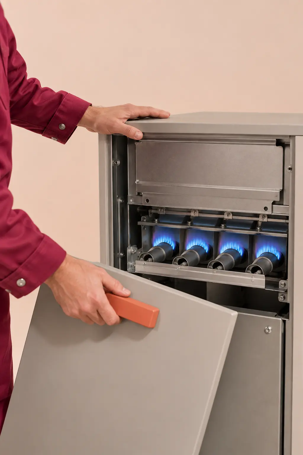 Technician removing the access panel of a gas furnace with a row of blue burner flames