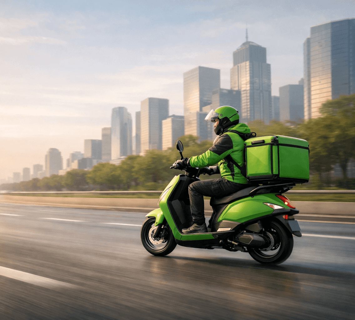 Yuvwaa Green electric delivery scooter on city road for sustainable last-mile delivery.