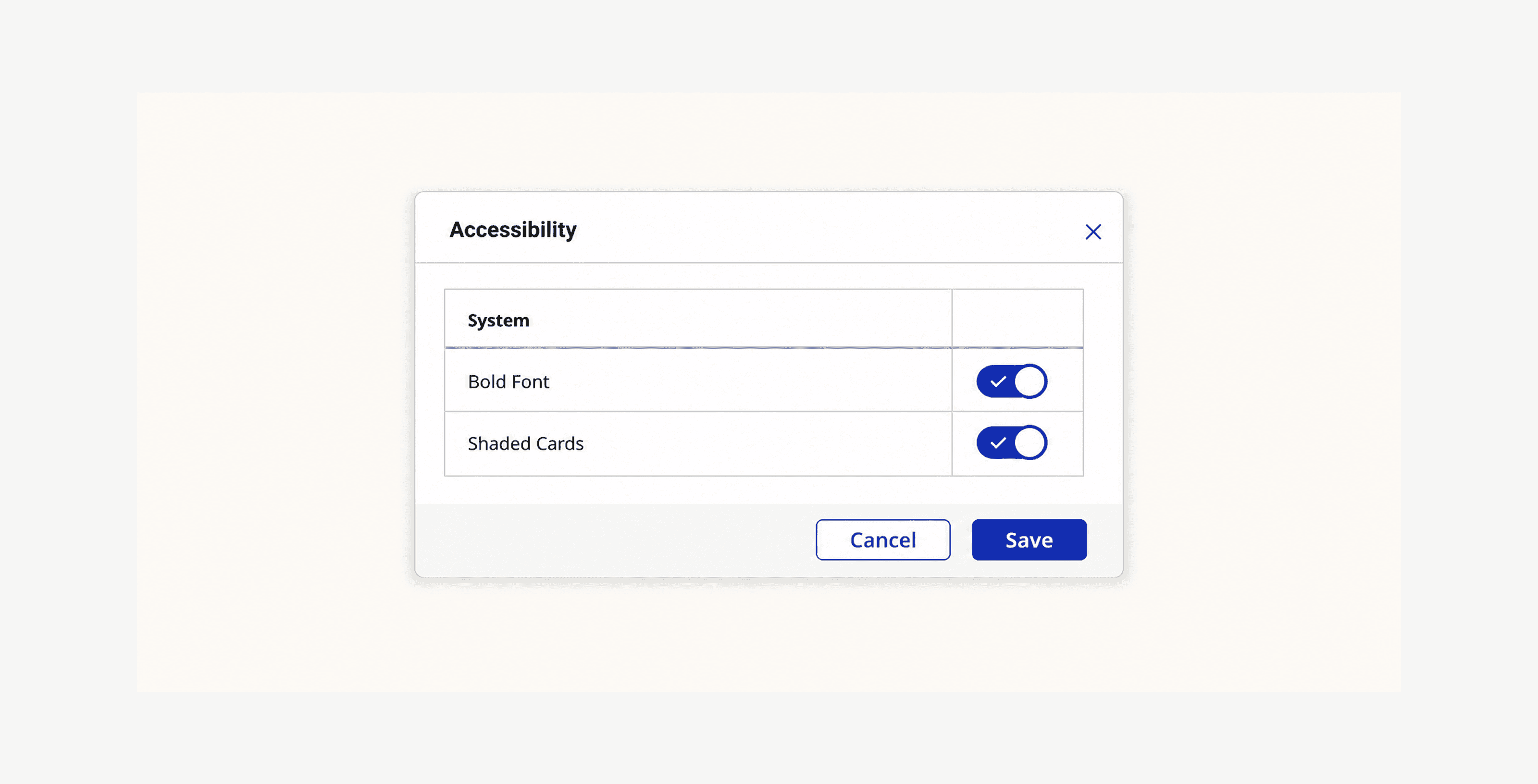 Sanitized view of the shipped Accessibility modal with Bold Font and Shaded Cards enabled.