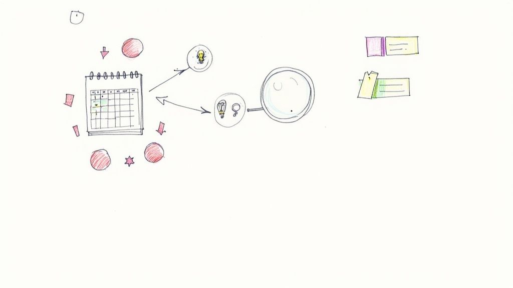 A hand-drawn diagram illustrating content calendar creation, idea generation, and content review.