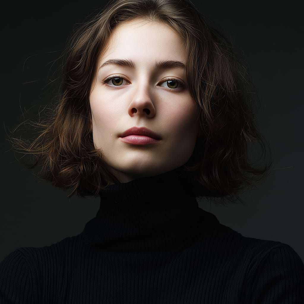 A woman with short brown hair and a calm expression looks directly at the viewer. She is wearing a black turtleneck against a dark background.