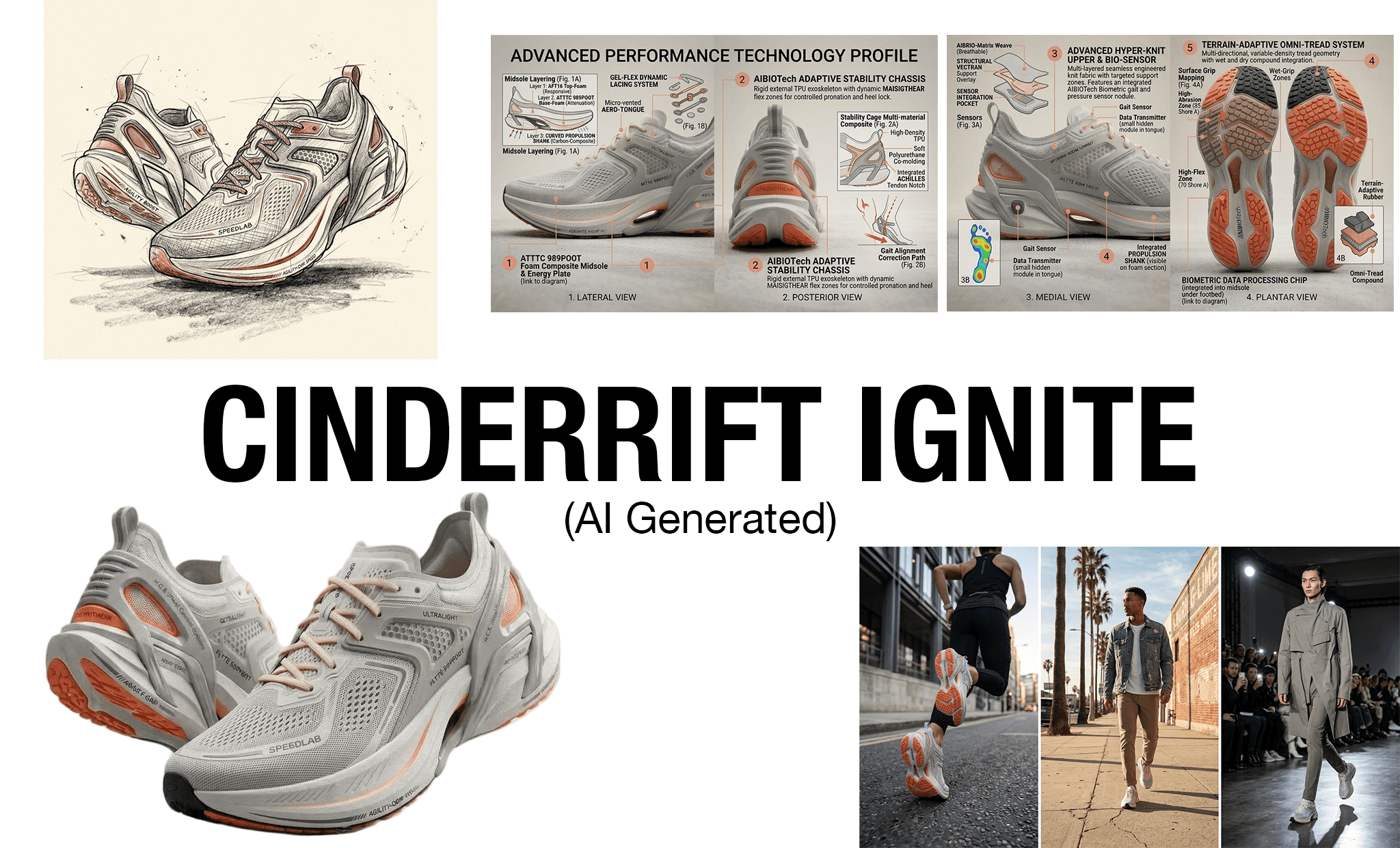 Cinderrift Ignite is an AI-generated concept shoe engineered for the singular moment when human effort transcends itself — a precision-built running shoe inspired by volcanic geology, designed not for everyday miles, but for the rare, electric threshold where the body decides to become something faster.