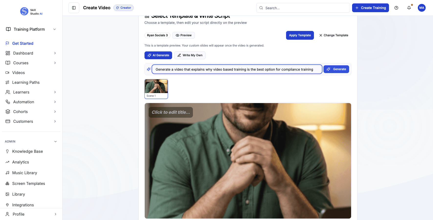Click Generate to create a training script based on your prompt.