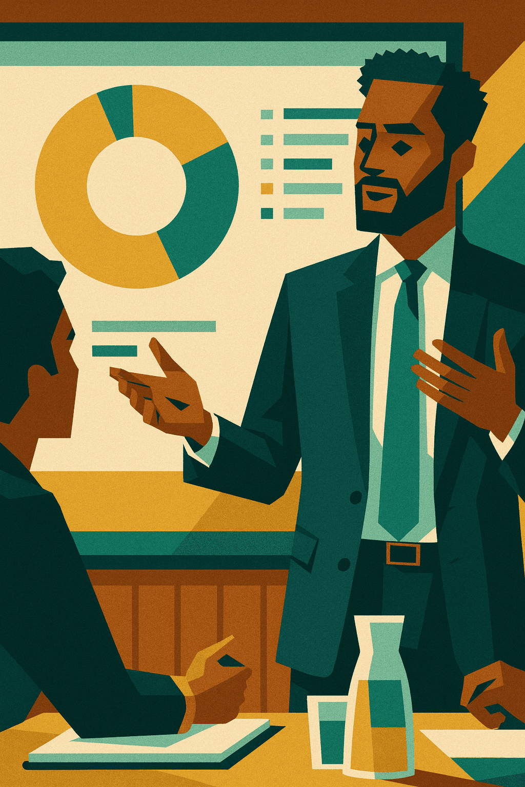 Manager in giacca e cravatta presenta dati su un grafico a torta proiettato, davanti a un gruppo di colleghi.