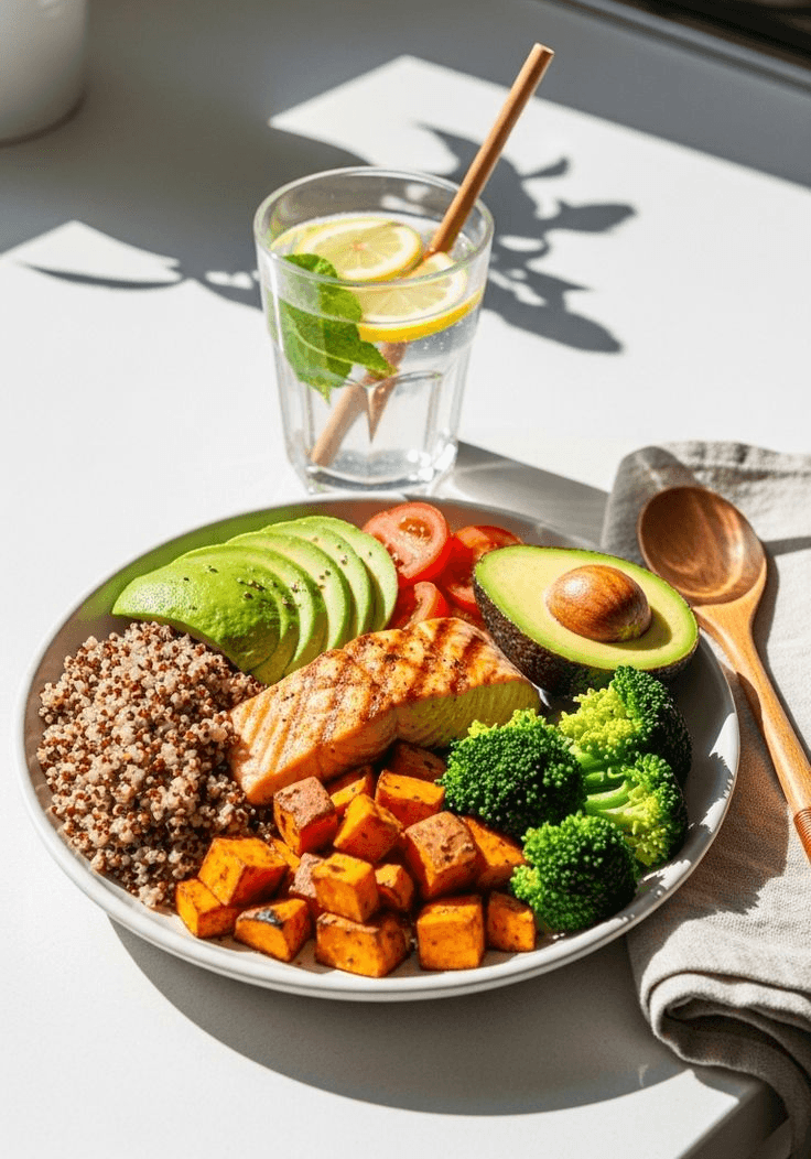 Healthy salmon bowl with quinoa, avocado, broccoli, and lemon water.