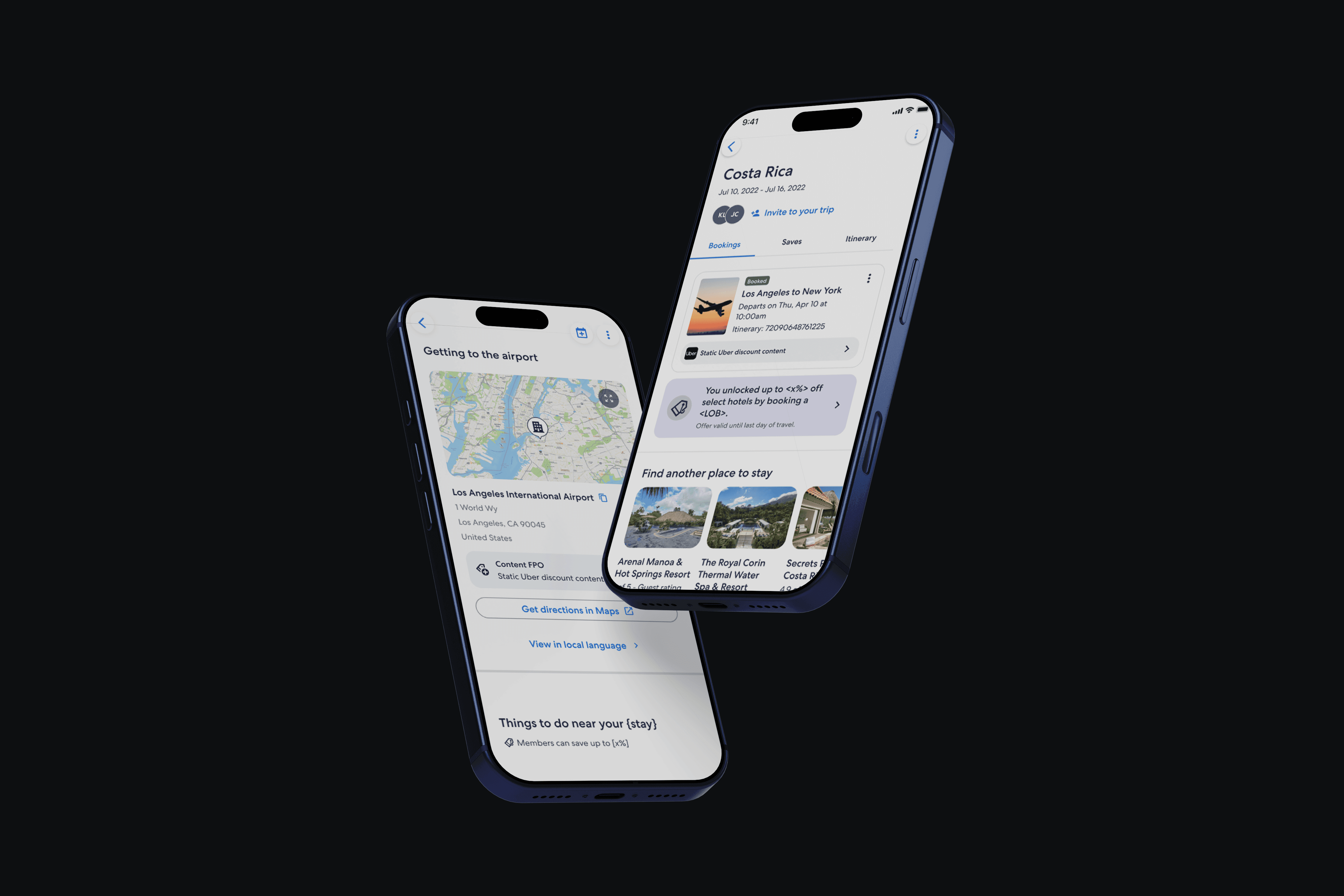 Two iPhone mockups showing Expedia app screens: left phone displays airport navigation with an interactive map for Los Angeles International Airport, right phone shows a Costa Rica trip overview with flight booking, saved items, itinerary, and hotel recommendations including Arenal Manoa Hot Springs Resort