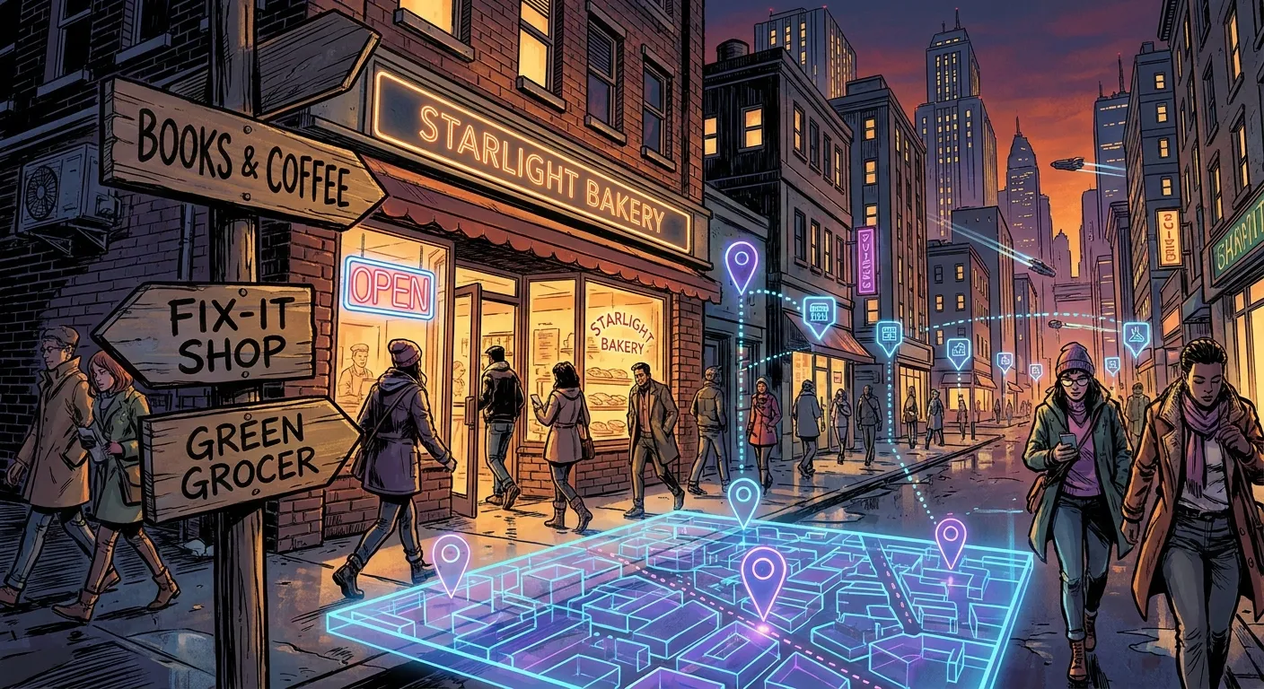 Street scene showcasing RockN' Socials, a digital marketing agency.