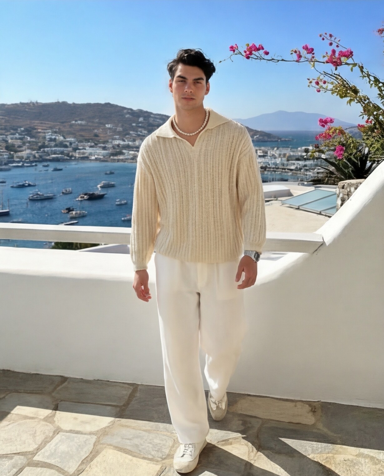 Cream Knit shirt with white Linen Trousers