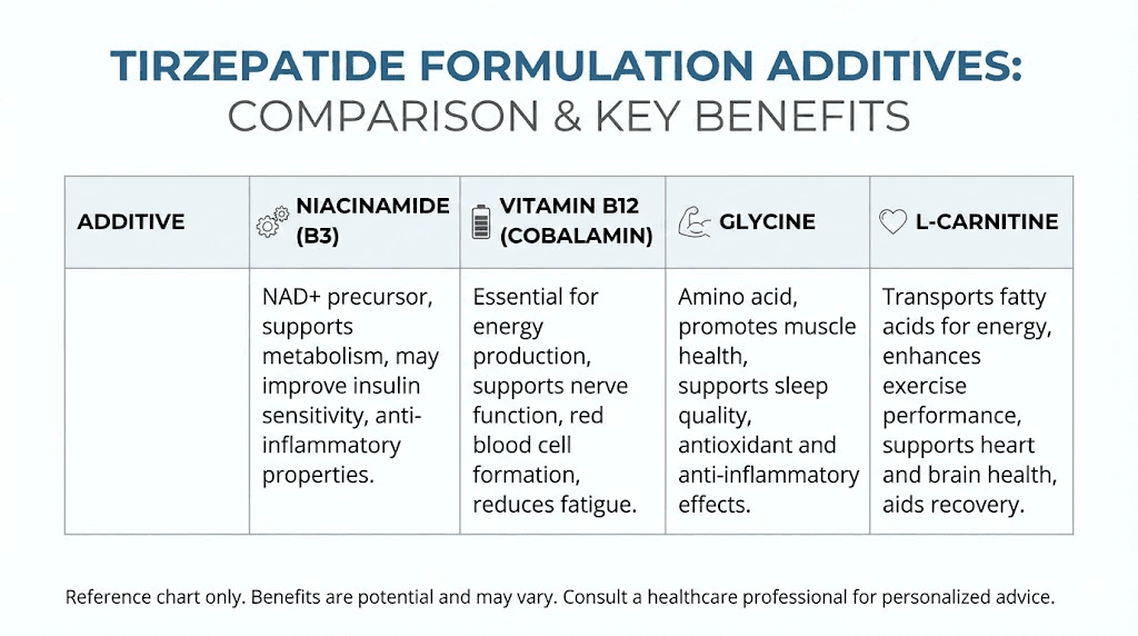 Tirzepatide compounded additive comparison chart niacinamide vs B12 vs glycine vs L-carnitine