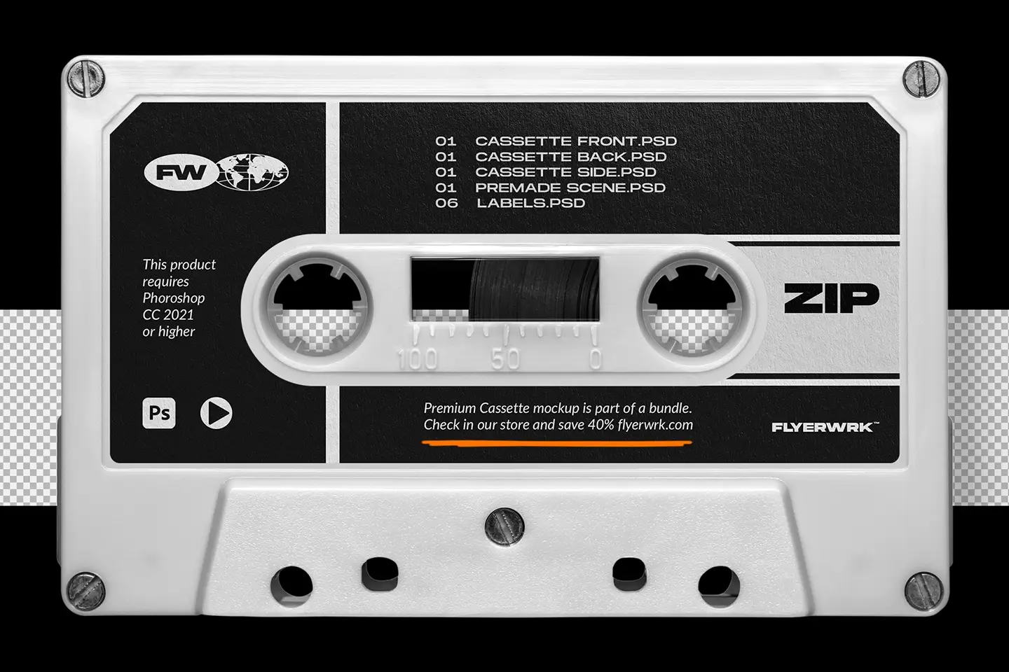 Cassette case mockup zip file contents preview showing cassette tape reels