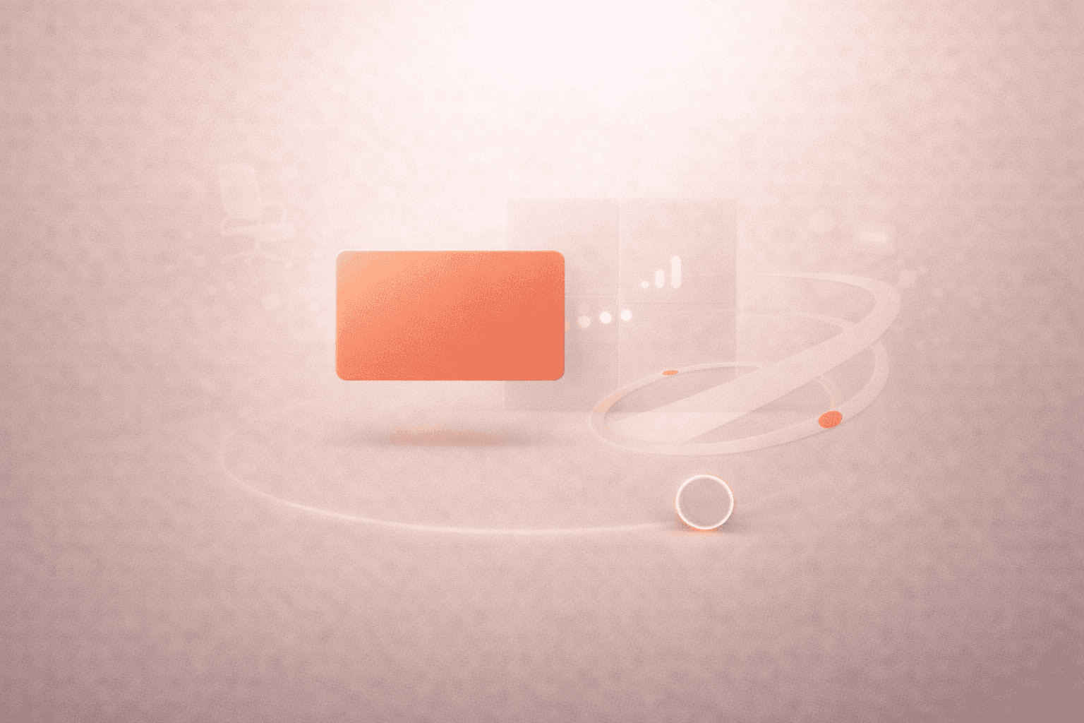 Minimalistische 3D-Illustration auf warmem cremebeigem Hintergrund mit einer schwebenden korallorangenen Aufgabenkarte im Zentrum, daneben eine geschwungene Bewegungsbahn, dezente Signalpunkte für geistige Klarheit und ein kleiner Timer-Ring, während im Hintergrund verblassende Symbole für sitzende Ablenkung zu sehen sind.