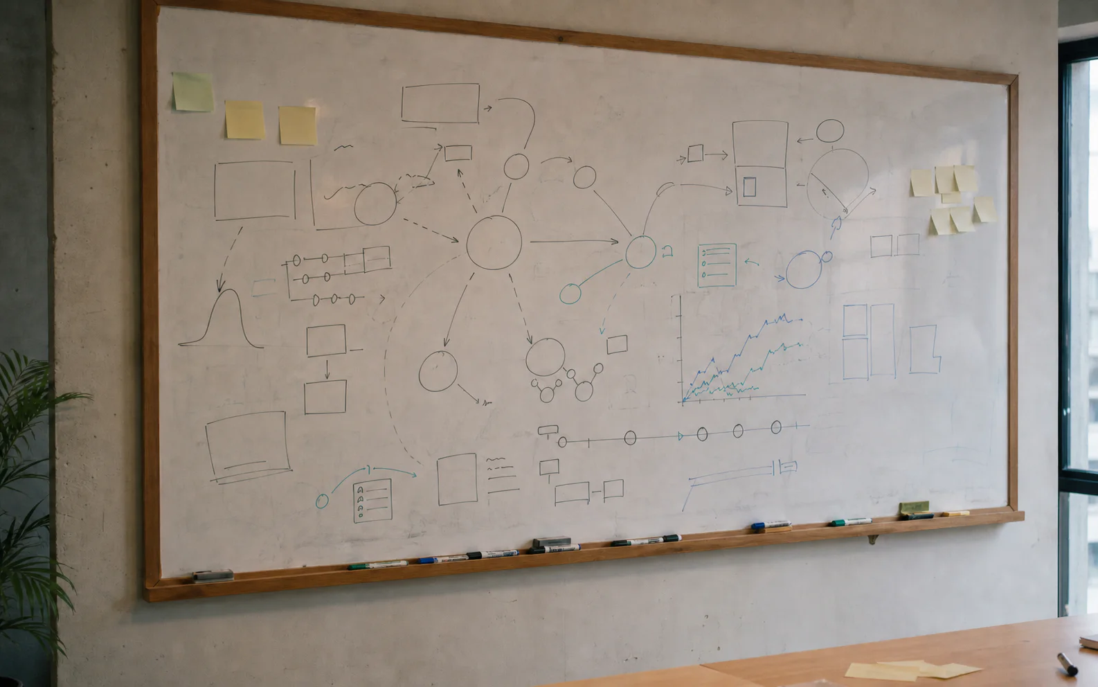 A whiteboard covered with campaign, data, and decision-flow diagrams