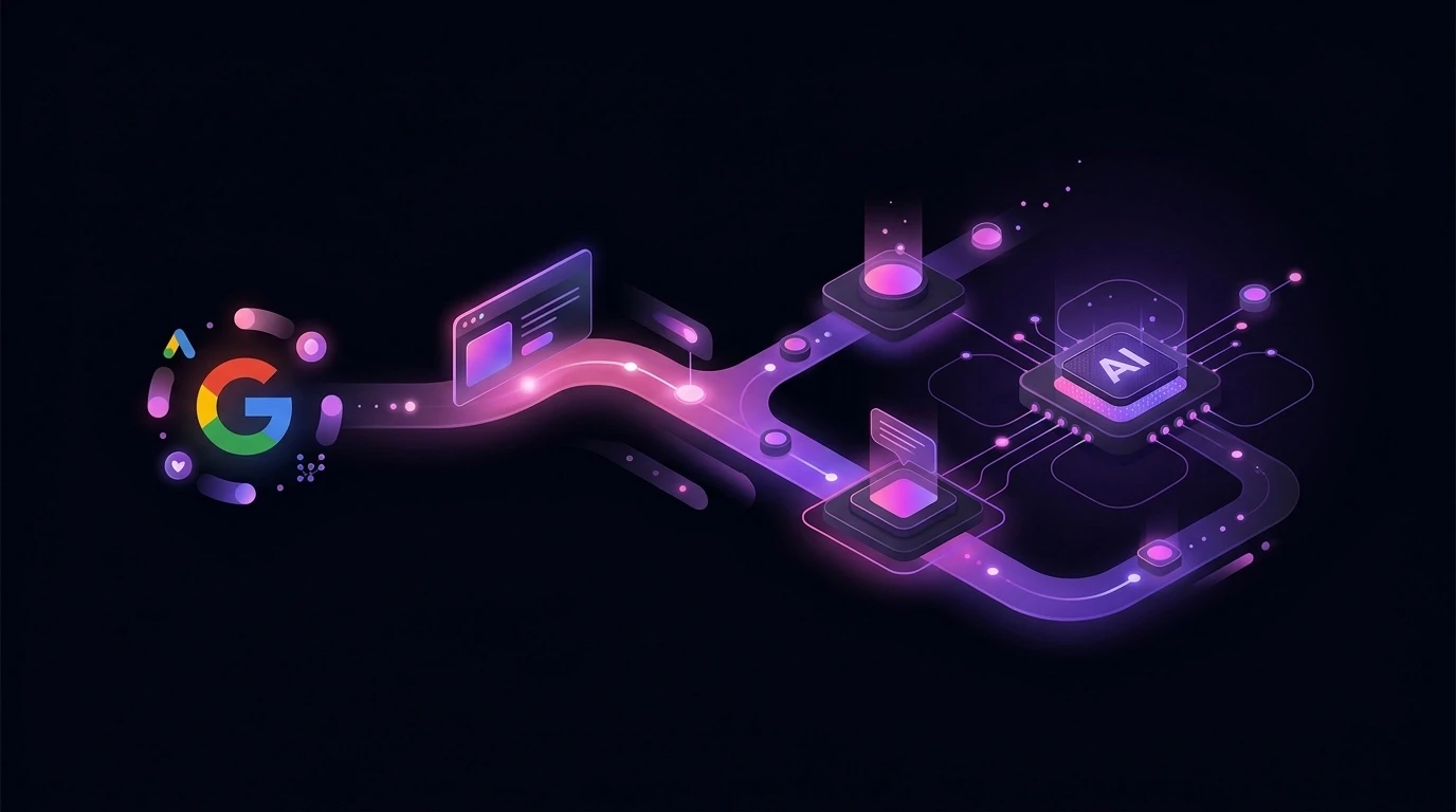 Cinematic, high-end agency-style illustration of a lead generation workflow with magenta and violet lighting on a deep black background.