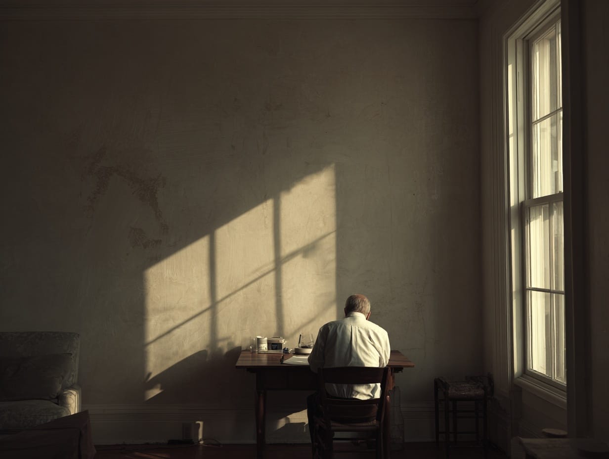 A writer at a simple desk in a sunlit room, working calmly on a single distraction-free device.