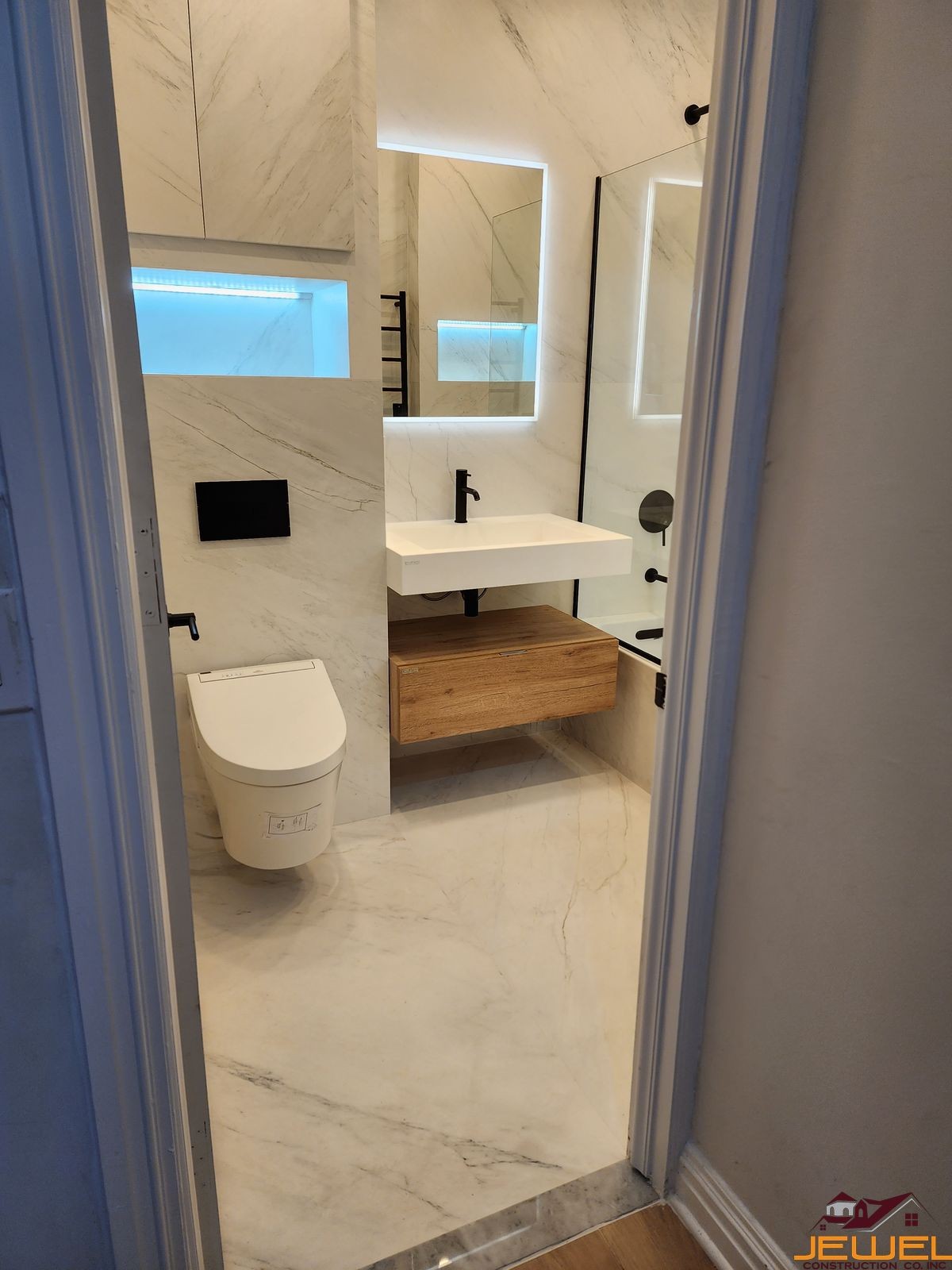 Luxury Trex composite deck stairs with picture framing, recessed lighting, and Transcend railings in Queens, NYC