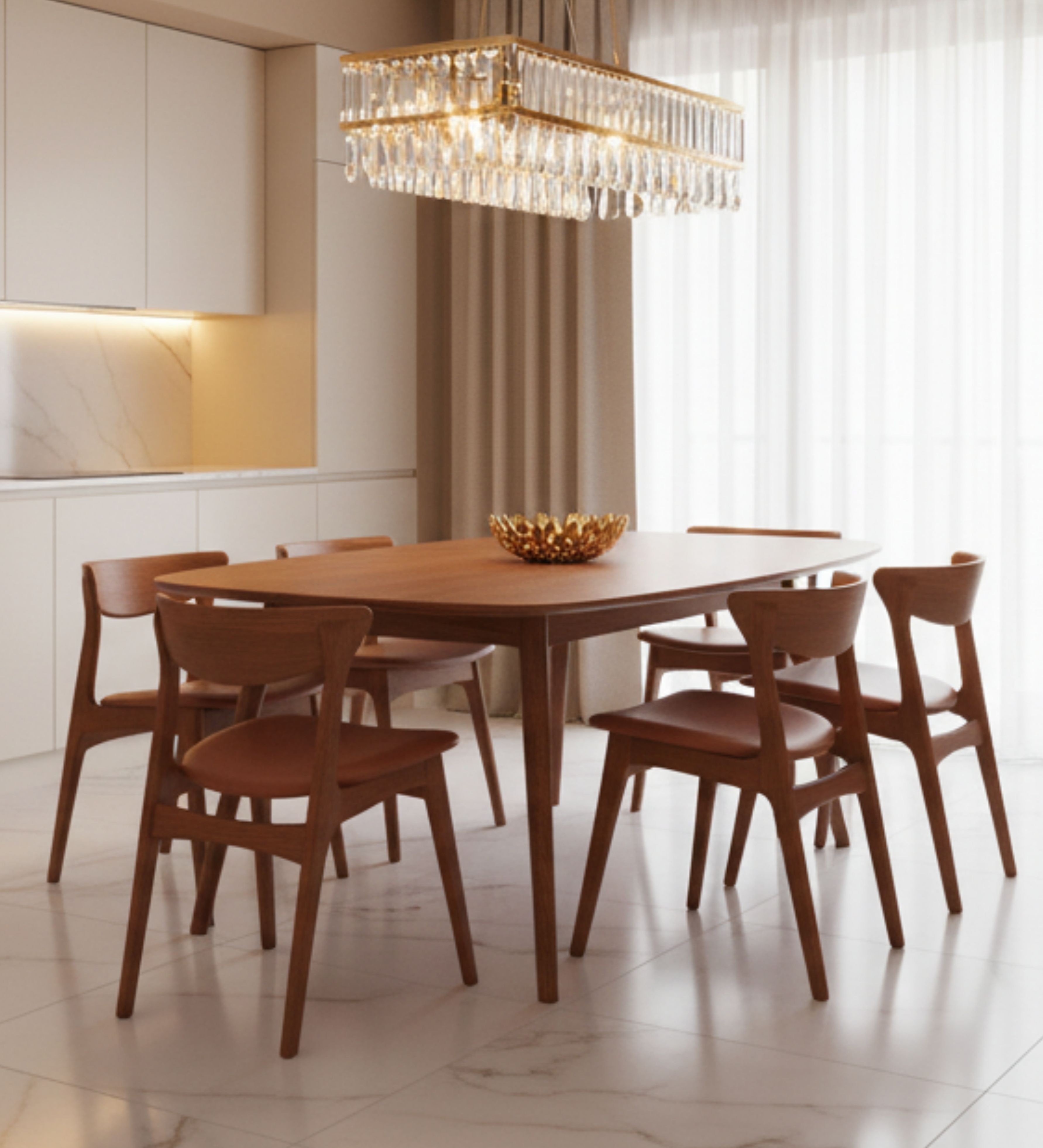 Wooden dining table with softly chamfered edges and curved solid‑wood chairs