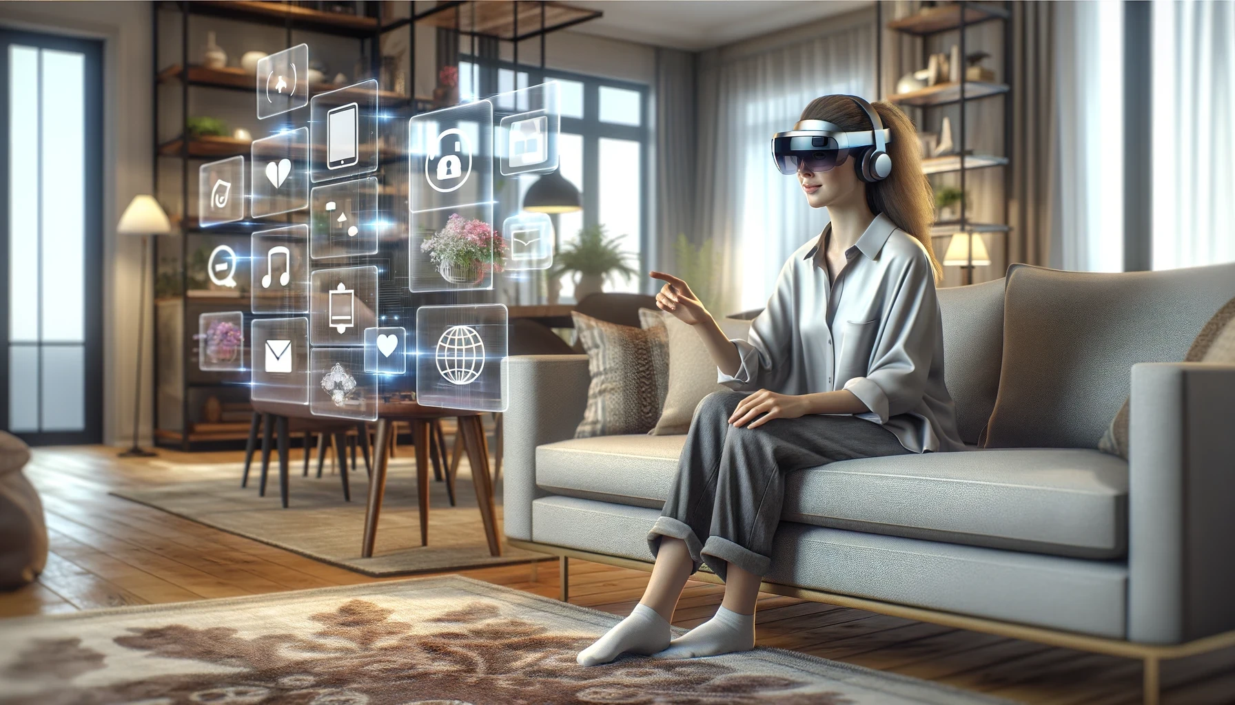 Woman in her couch using spatial computing