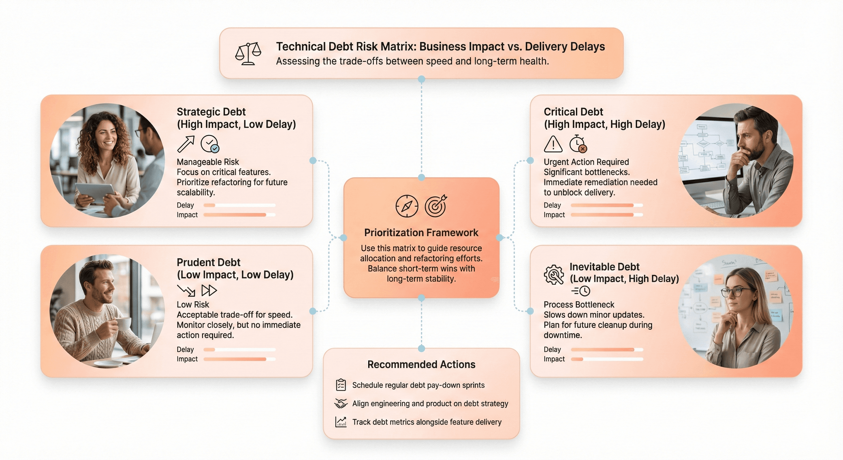 Comparison of technical debt levels against business impact, delivery delays, and engineering rework costs