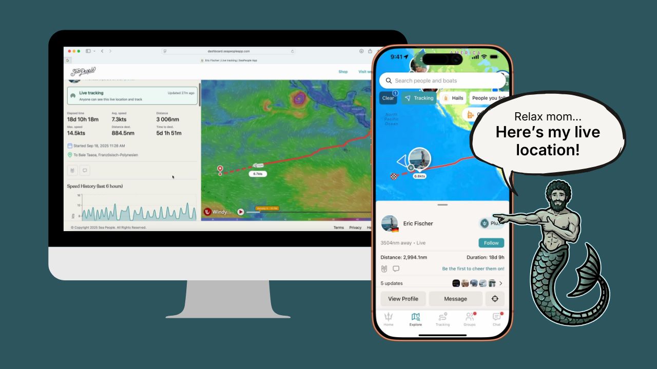 SeaPeople live tracking interface on mobile and desktop showing a route across the Pacific