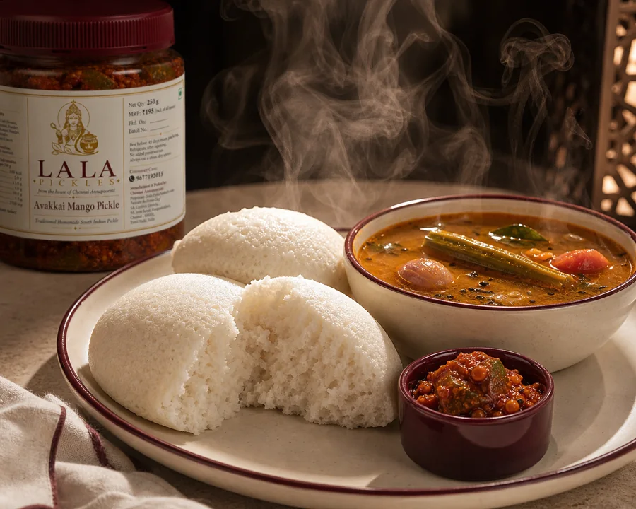 Idli and sambar with a spoonful of LALA pickle