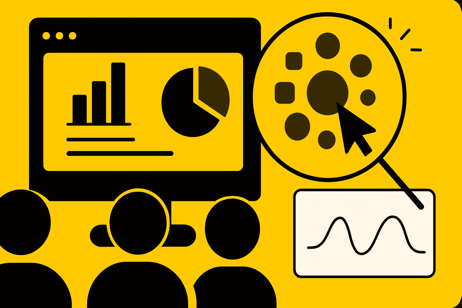 Analyst reviewing a complex dashboard with multiple graphs, highlighting usability pain points and user behavior analysis heatmaps.