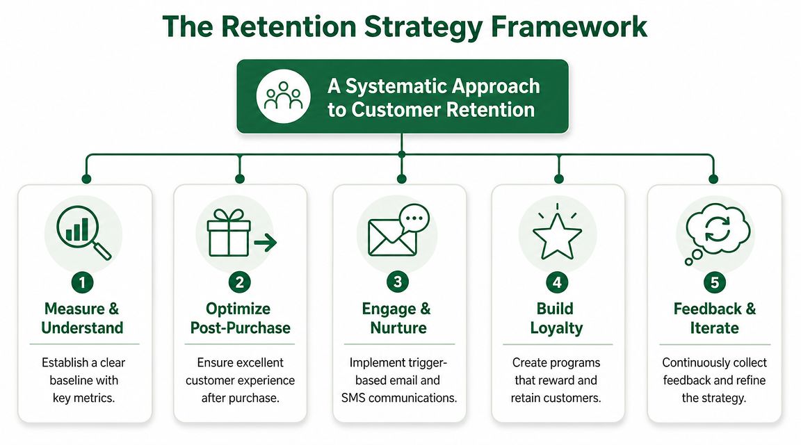 A five-step framework infographic illustrating a systematic approach to customer retention for businesses.