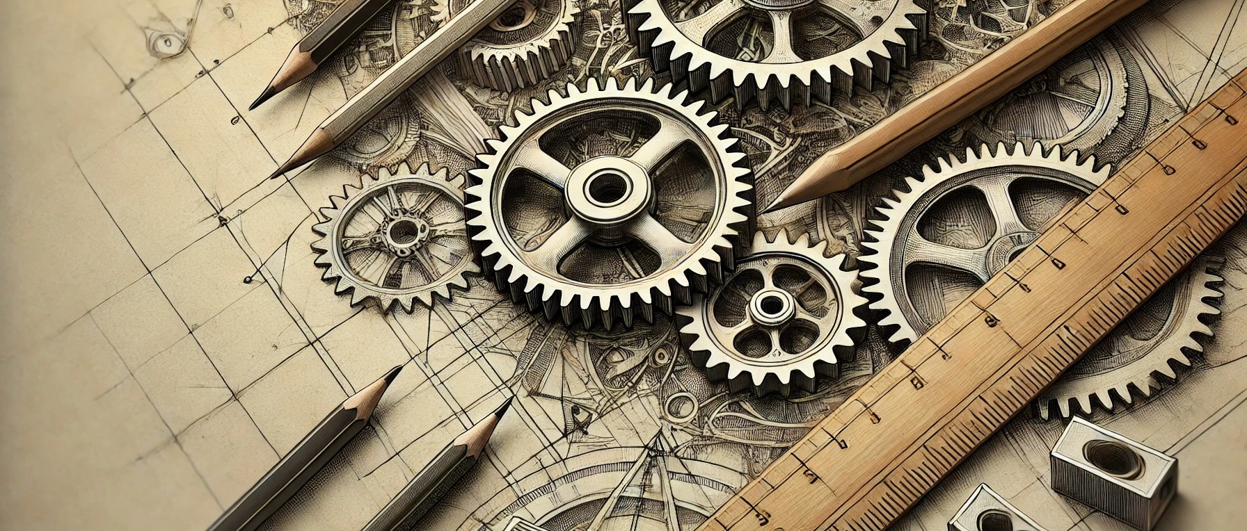 The image depicts a detailed and artistic arrangement of mechanical gears, drafting tools, and engineering sketches, creating a visually engaging representation of engineering and design. Key elements of the image include:  Mechanical Gears:  Gears of Various Sizes: The image prominently features several metal gears of different sizes, symbolizing mechanical engineering and the complexity of machinery. Detailed Design: The gears are intricately designed, showing fine details such as teeth and spokes, emphasizing precision engineering. Drafting and Design Tools:  Pencils: Several pencils are placed around the gears, indicating the role of manual drafting and sketching in the design process. Ruler: A wooden ruler with precise markings is also present, highlighting the importance of measurement and accuracy in engineering. Engineering Sketches:  Technical Drawings: The background consists of detailed technical drawings and blueprints, suggesting plans and designs for mechanical components or machinery. Graph Paper: The sketches are drawn on graph paper, commonly used in engineering and technical drawing for maintaining scale and proportion. Artistic Arrangement:  Layout: The components are arranged in an aesthetically pleasing manner, blending artistic elements with technical precision. Sepia Tone: The image has a sepia tone, giving it a vintage and classic feel, reminiscent of traditional engineering practices. Overall, the image effectively combines elements of mechanical engineering, drafting, and artistic design to create a visually rich representation of the engineering process. The use of gears, pencils, a ruler, and technical sketches emphasizes the detailed and meticulous nature of engineering work, while the artistic arrangement adds a creative touch.