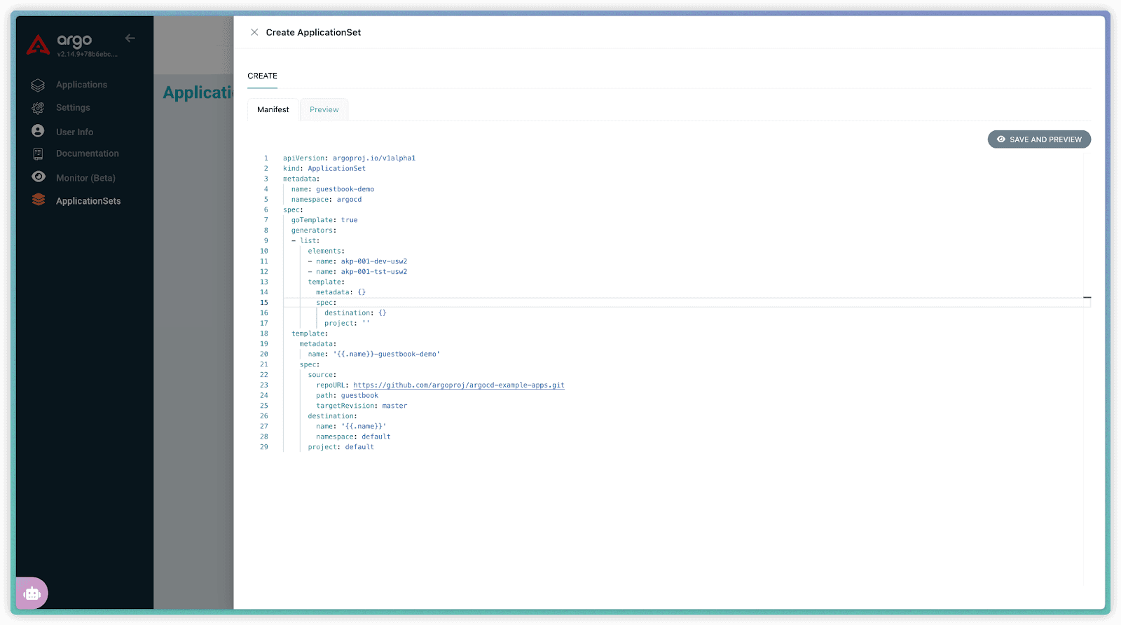 Creating an ApplicationSet in the Argo CD UI using the built-in manifest editor