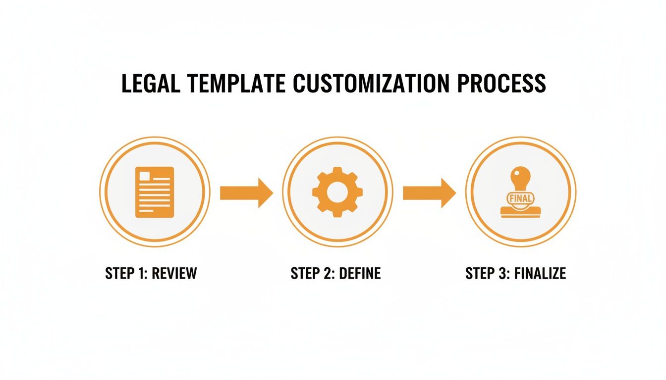 A three-step process diagram for legal template customization: Review, Define, and Finalize.