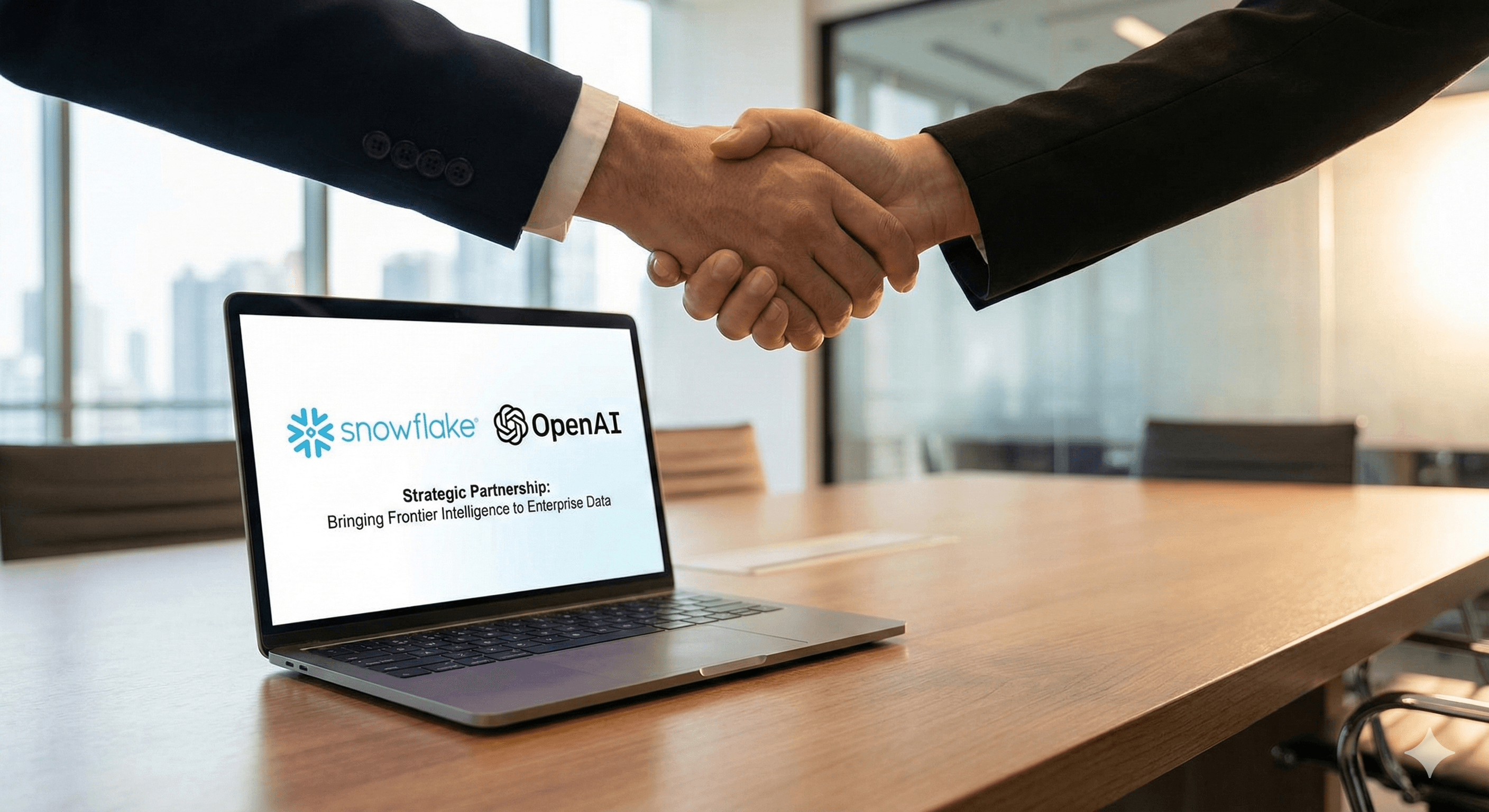A handshake takes place in a modern office setting with a laptop displaying the logos of OpenAI and Snowflake, alongside the text "Strategic Partnership: Bringing Frontier Intelligence to Enterprise Data" on a wooden conference table, symbolizing collaboration and innovation in enterprise solutions.