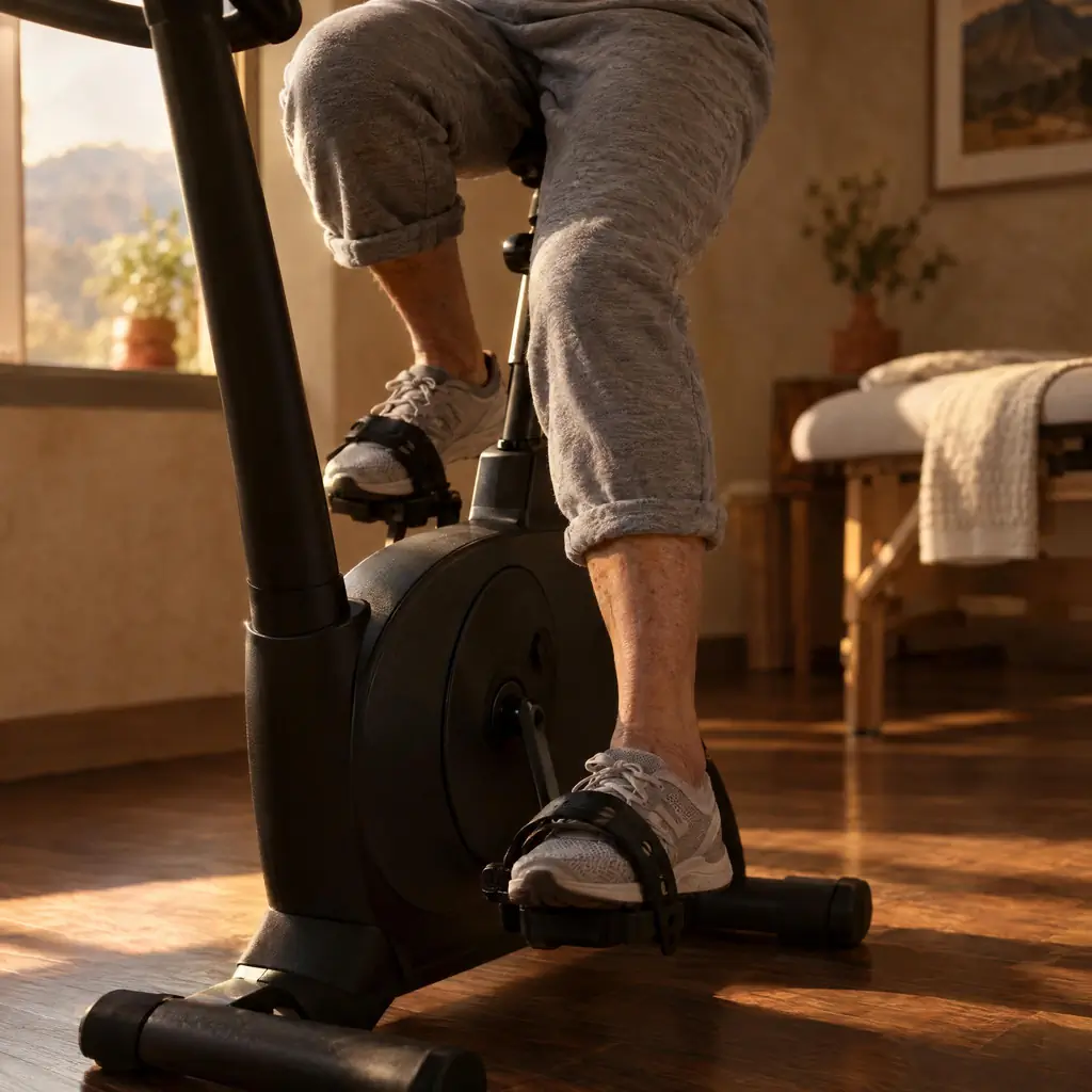 Older adult pedaling a stationary bike to keep the knees moving