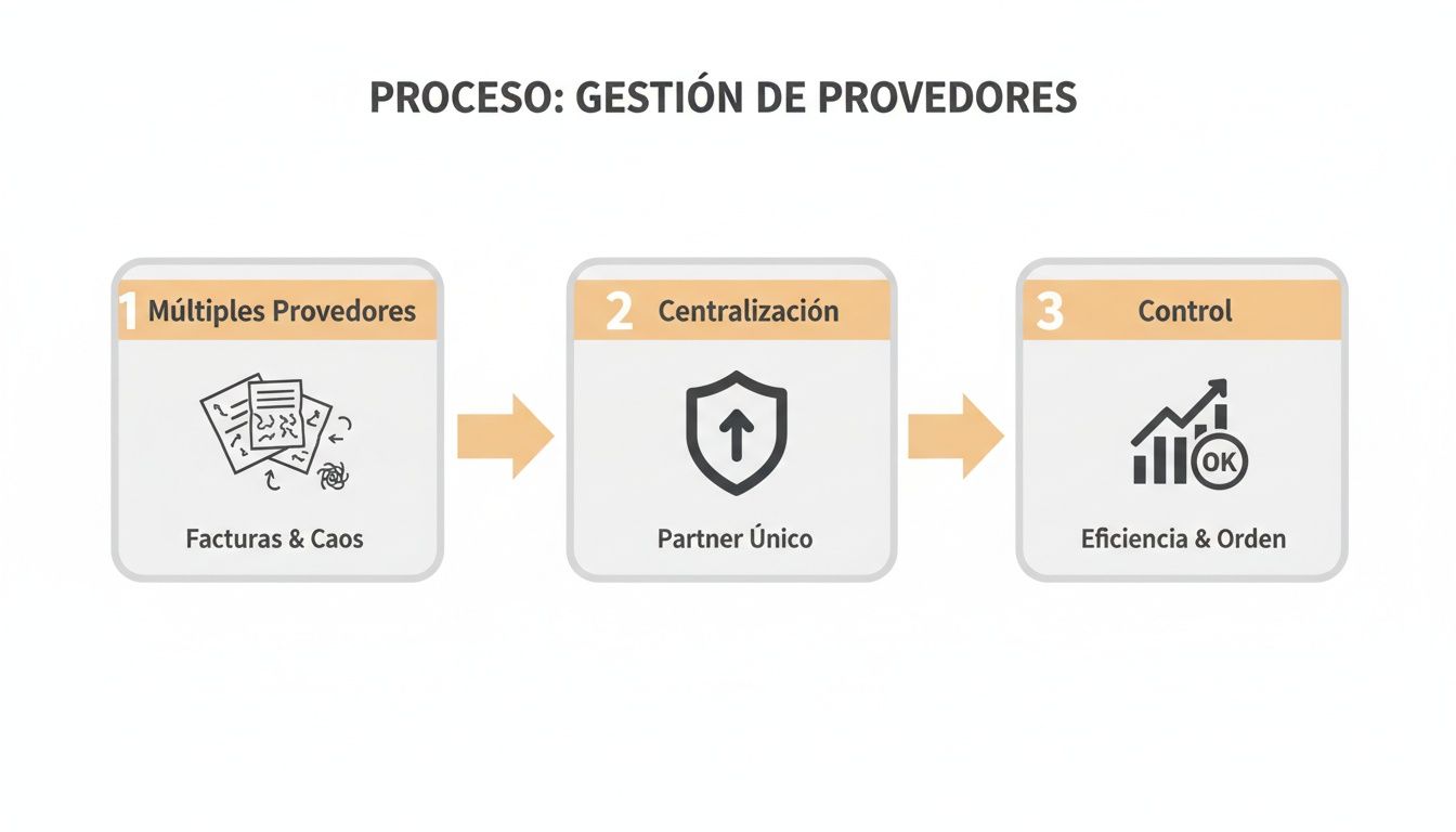 Diagrama de flujo que ilustra el proceso de gestión de proveedores, desde el caos de múltiples proveedores hasta la eficiencia y el control centralizado.