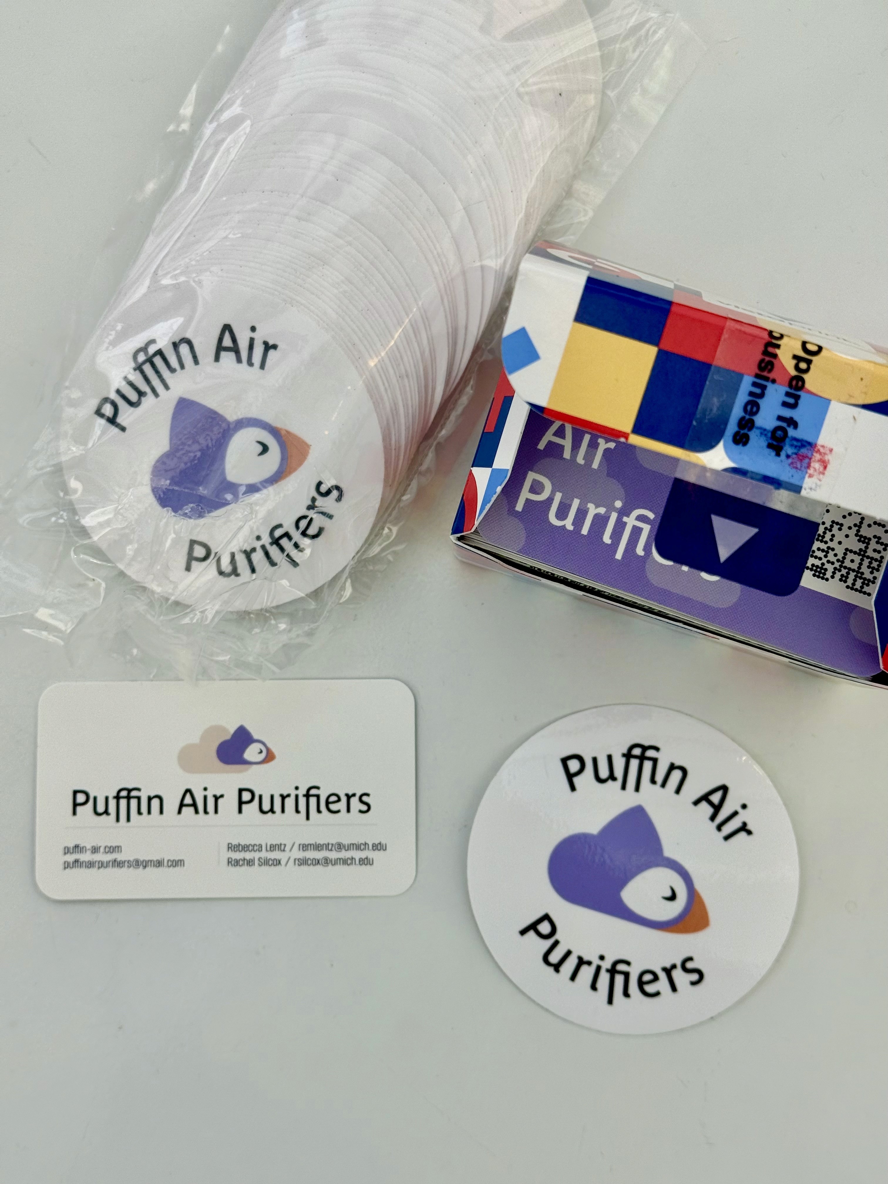 Puffin Air Purifiers business cards and stickers