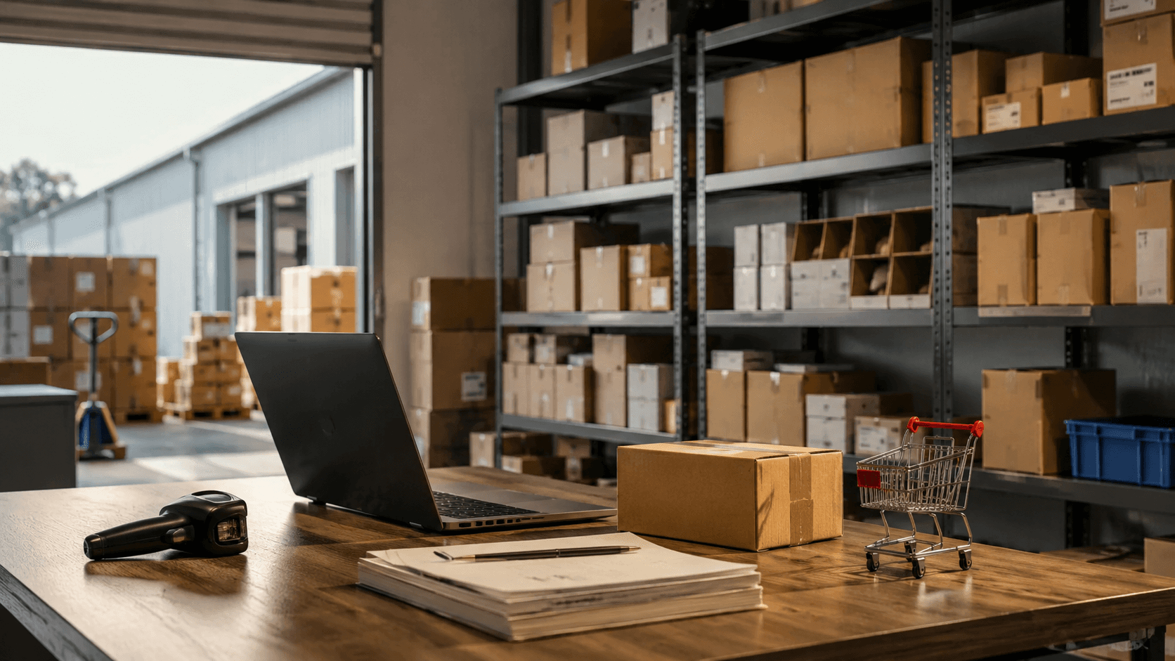 Ambiente interno de uma pequena distribuidora moderna, em estilo realista 3D, com um escritório integrado ao estoque. Em primeiro plano, uma mesa de madeira com notebook aberto, leitor de código de barras, papéis organizados e uma pequena caixa de envio. Ao redor, prateleiras metálicas com caixas e produtos organizados, transmitindo uma operação enxuta, funcional e profissional. Ao fundo, área de carga iluminada pela luz natural entrando por uma porta industrial aberta, mostrando um galpão compacto e bem estruturado. Atmosfera limpa, organizada e acessível, representando uma operação B2B de menor porte preparada para iniciar um e-commerce sem parecer uma grande corporação.