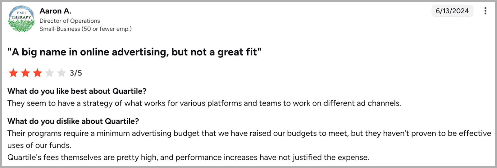 Quartile user review citing high management fees @@ Quartile user review citing high management fees