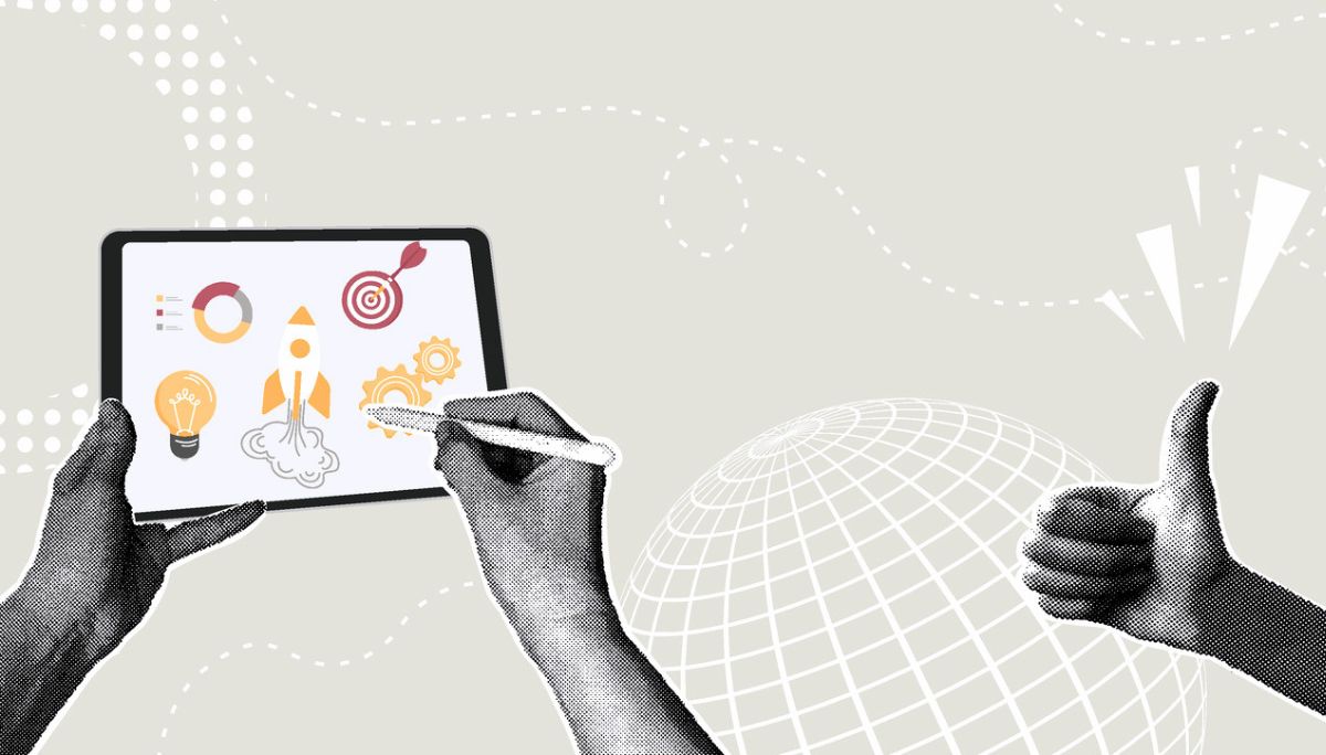 Stylized collage of hands, tablet, and project symbols, used to depict agile product roadmap planning.