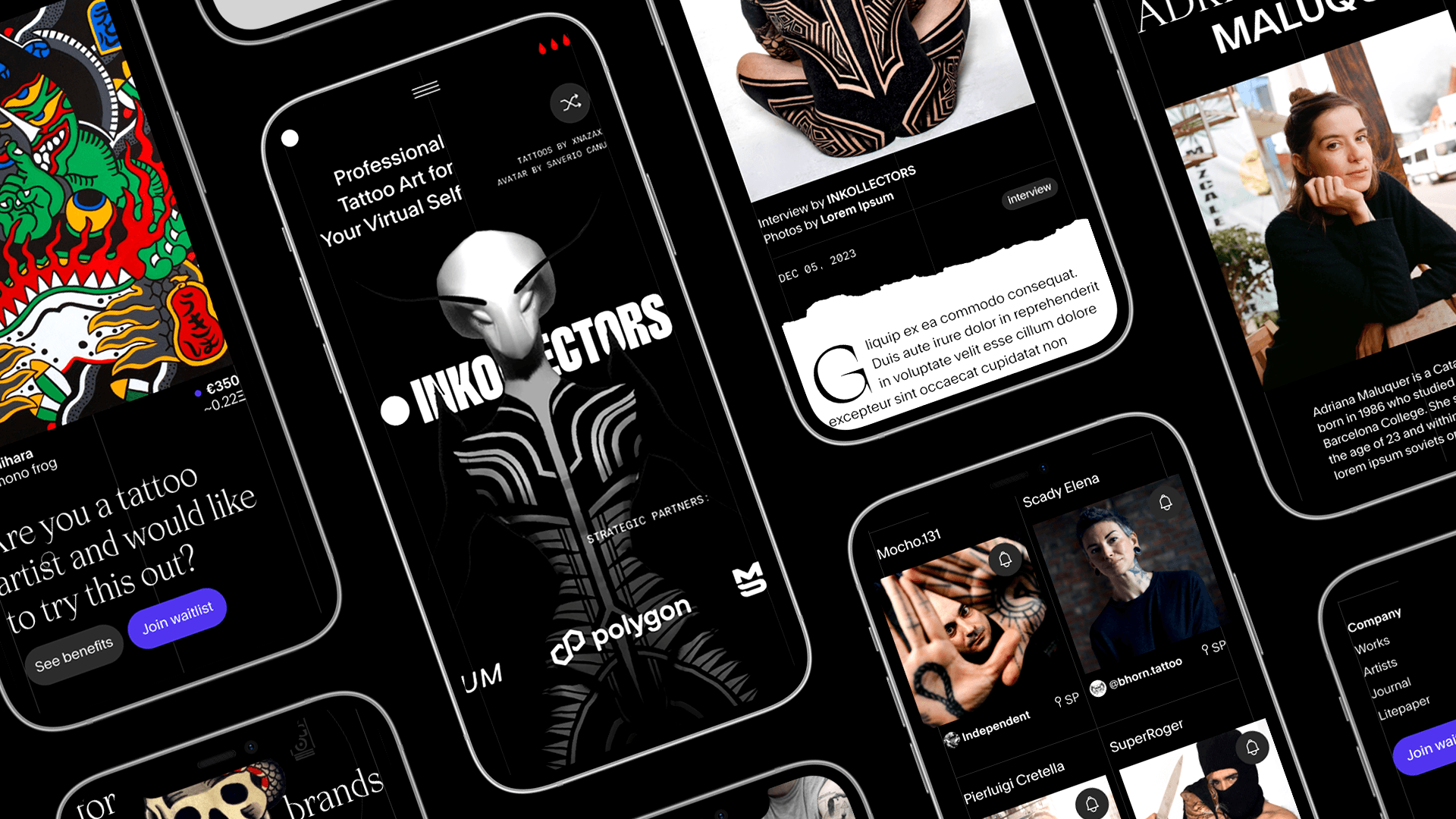 INKOLLECTORS mobile screens.