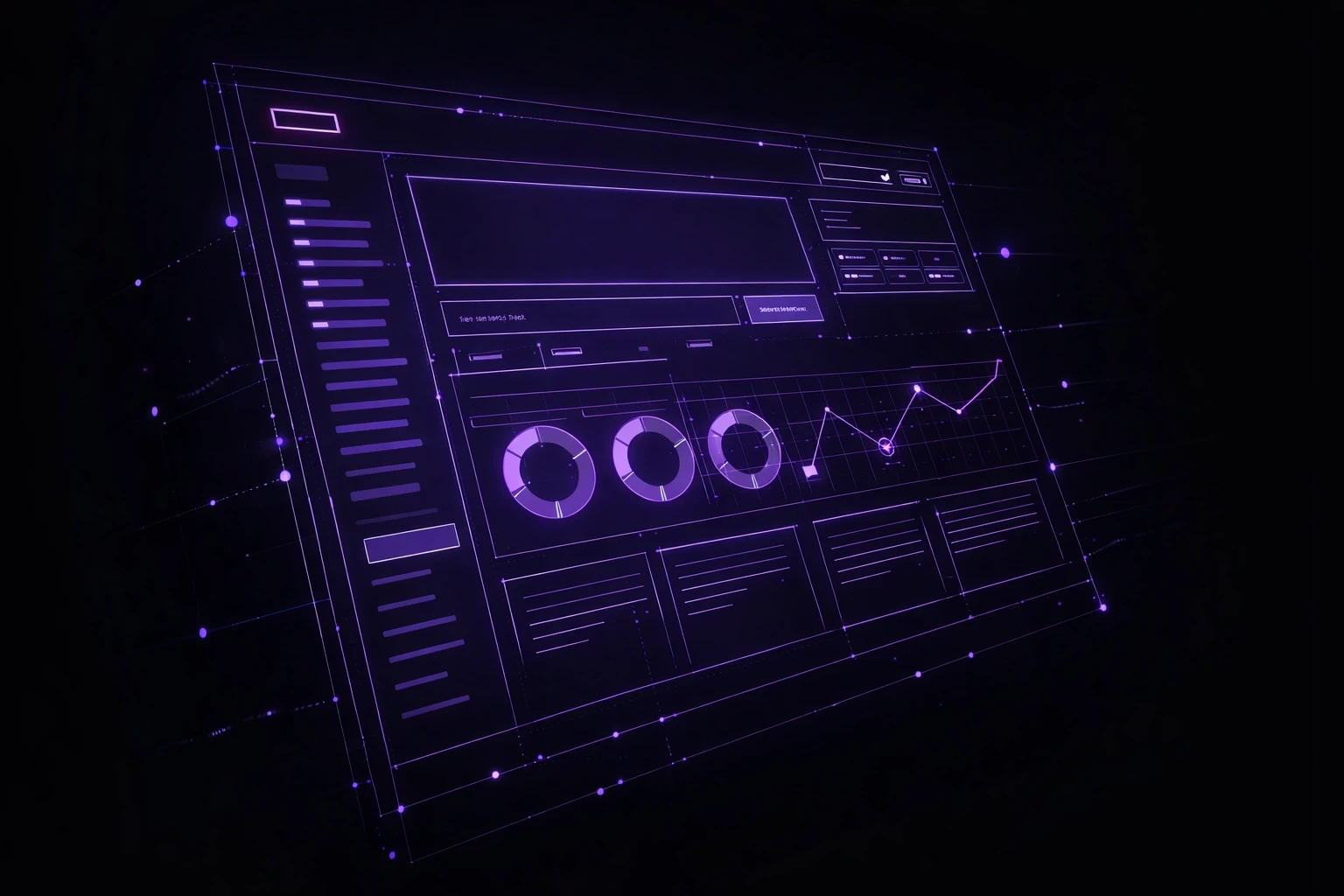A futuristic digital blueprint of a website layout floating in a dark void with luminous magenta lines and violet data nodes.
