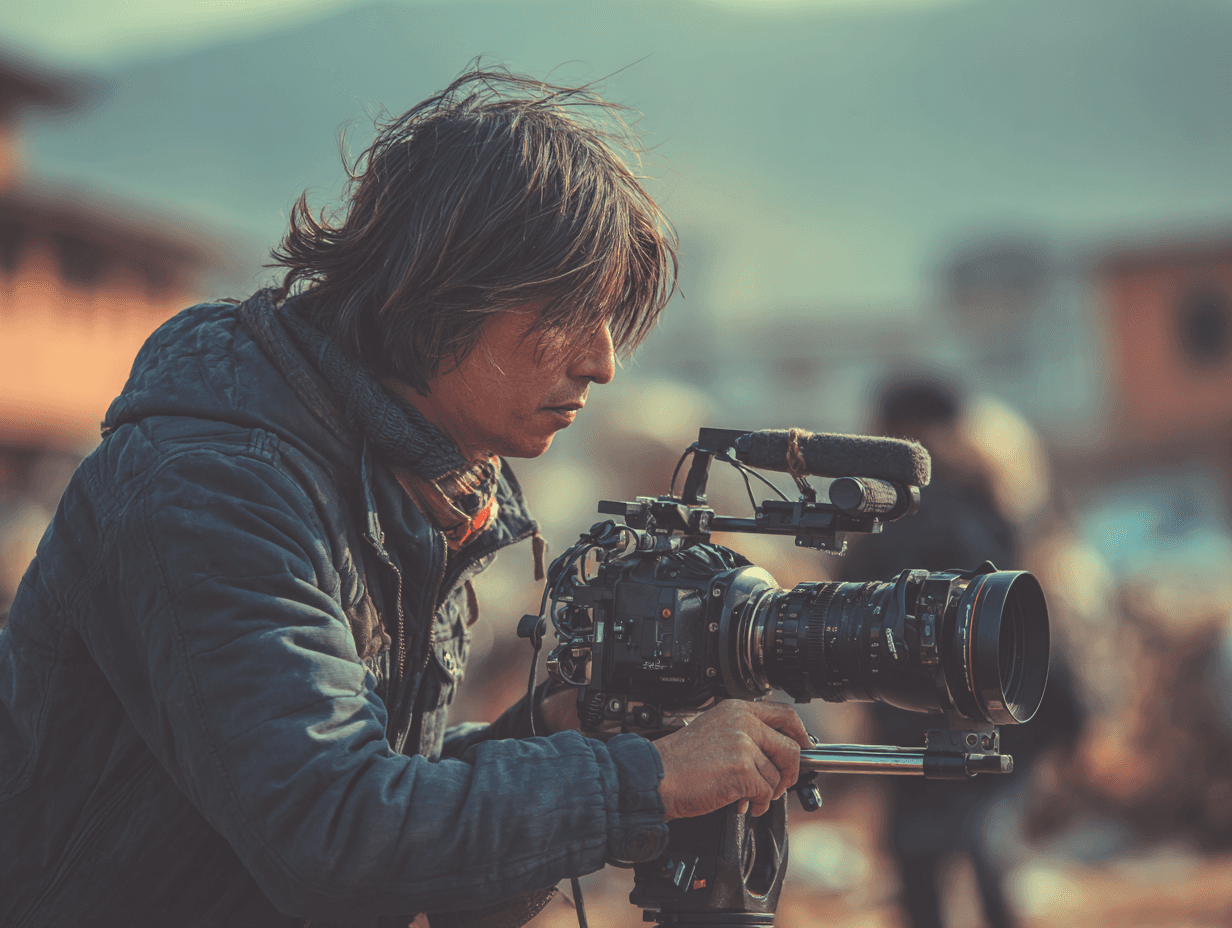 A person with long, dark hair is focusing intently while configuring a professional, large-lens camera outdoors, surrounded by a slightly blurred urban background.