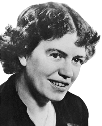 A black-and-white portrait of a woman with short, curly hair, smiling softly. Dressed in a simple blouse, she exudes a warm, approachable demeanor. Her expression and style suggest an intellectual or creative figure from the mid-20th century.