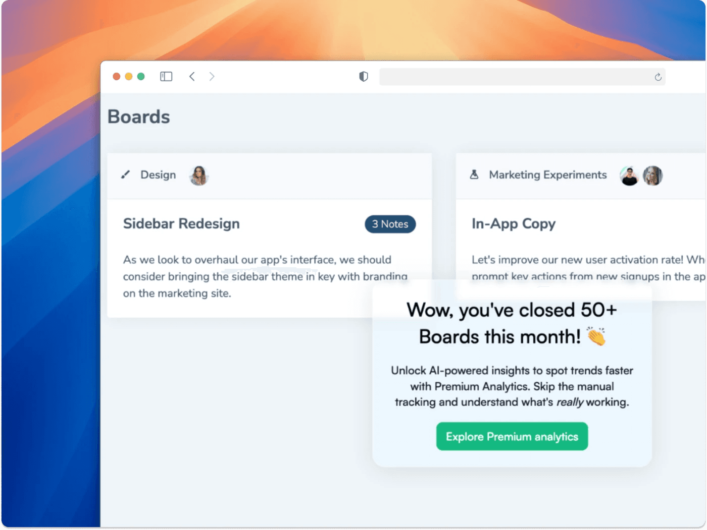 Chameleon triggers a usage milestone celebration after closing 50+ boards. The message acknowledges the achievement, then naturally transitions to a contextual upsell for Premium Analytics.