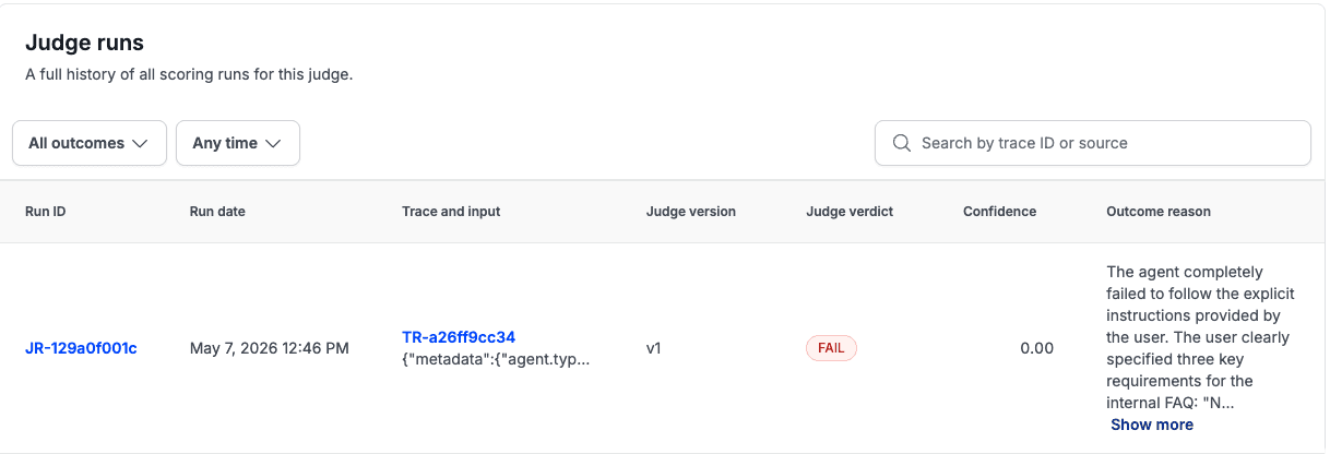Stratix Judge runs page showing a FAIL verdict with full outcome reasoning chain